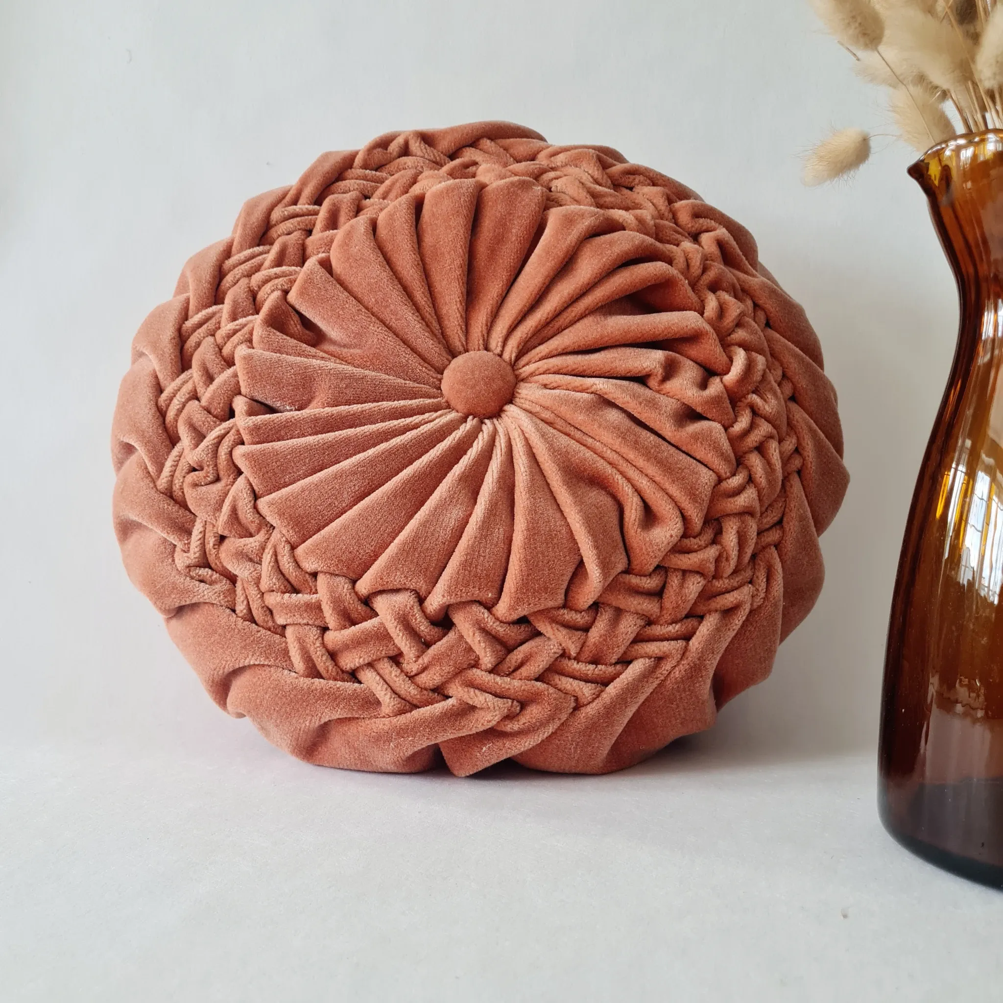 Coussin Rond plissé Vintage en Velours Rose