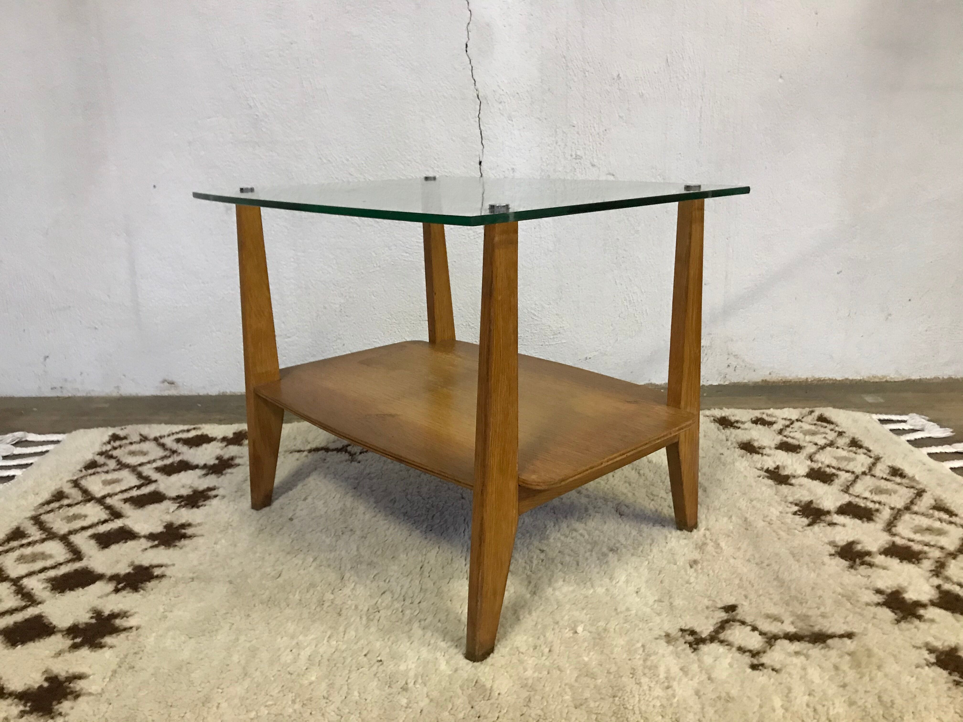 Glass coffee table with oak triangle shape 1950 1960 vintage modernist