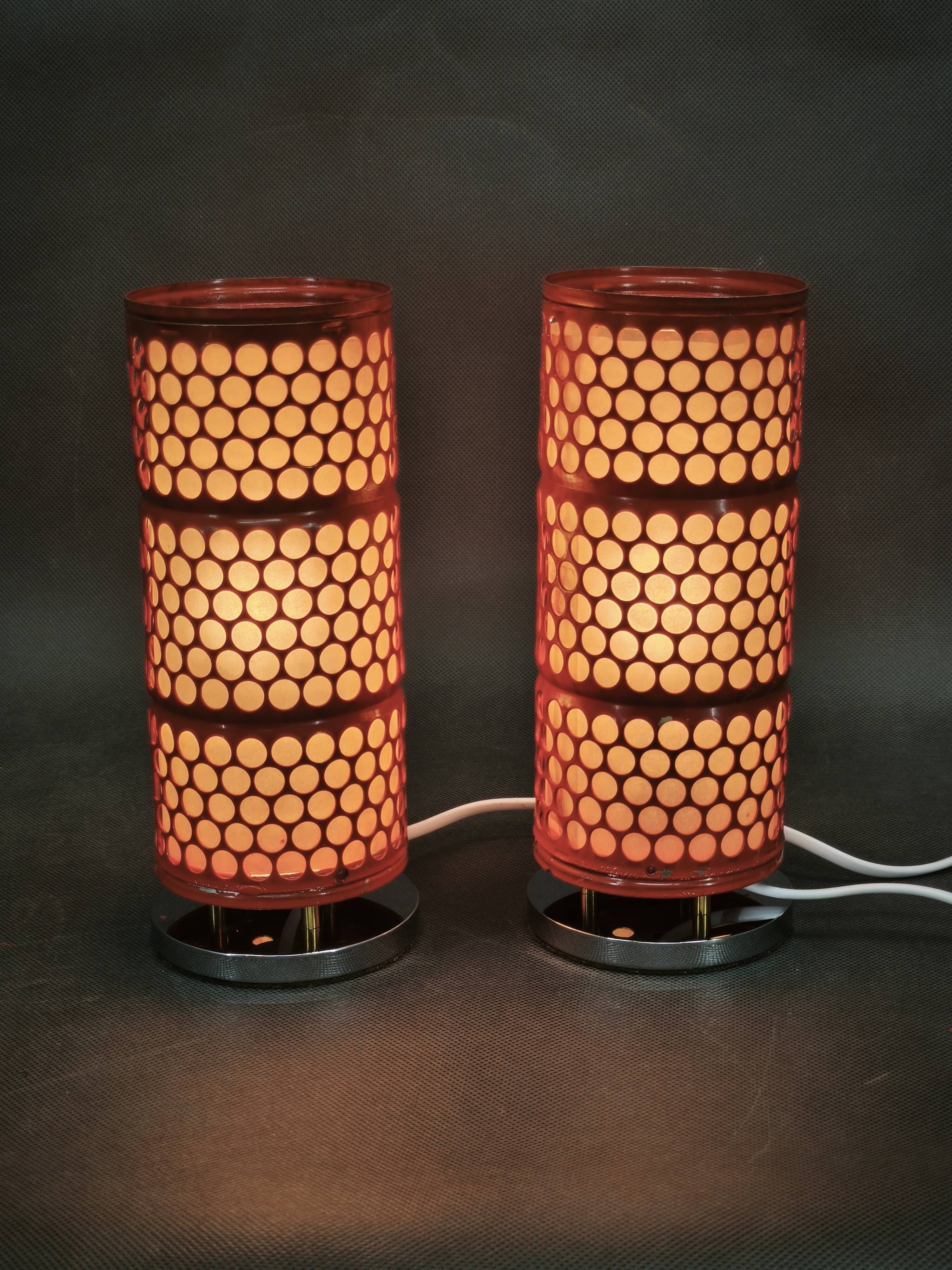 Pair of Red Perforated Metal Space Age Table Lamps, Czechoslovakia, 1970s