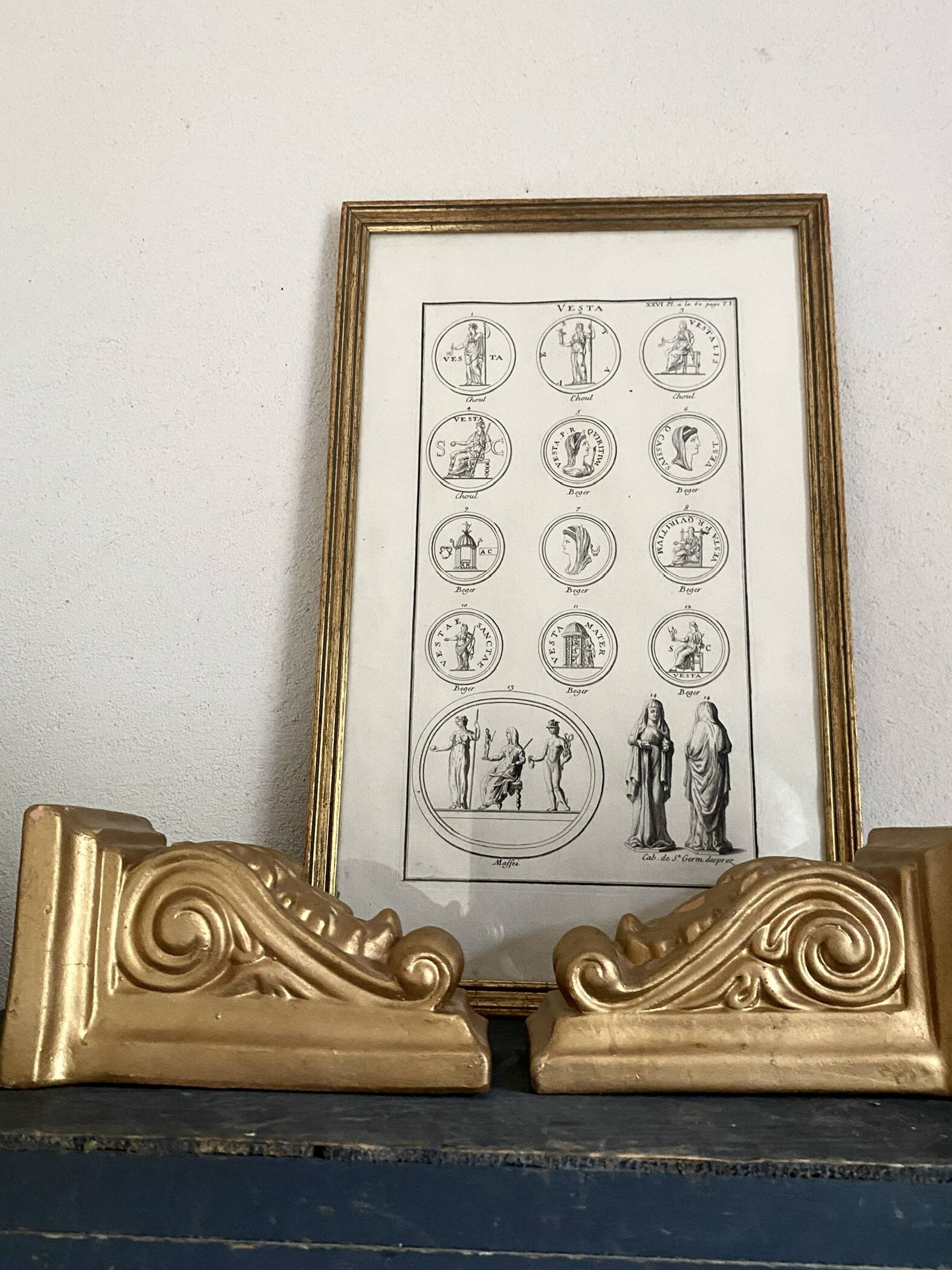 19th century engraving with antique motifs under glass