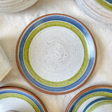 Vintage 1950s speckled stoneware coffee set with grey, green, and blue stripes