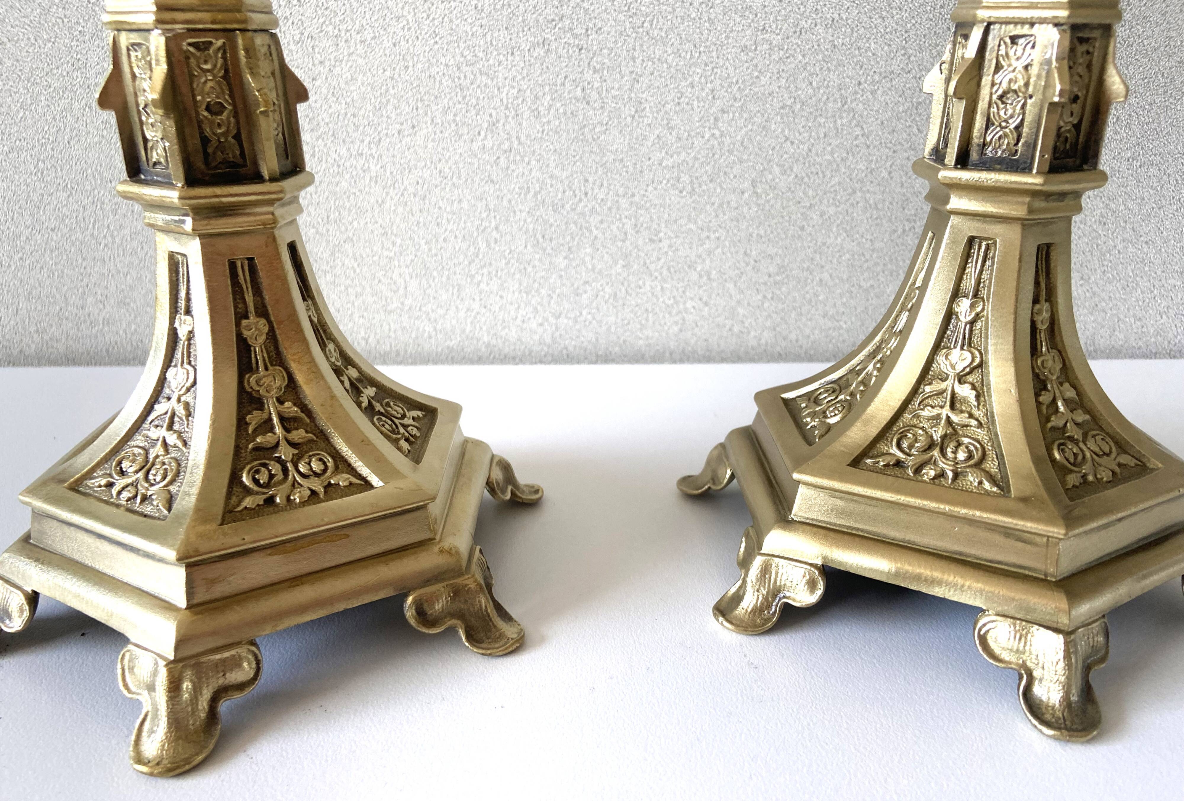 Pair of Antique Gothic Revival Candle Holders in Gold Bronze