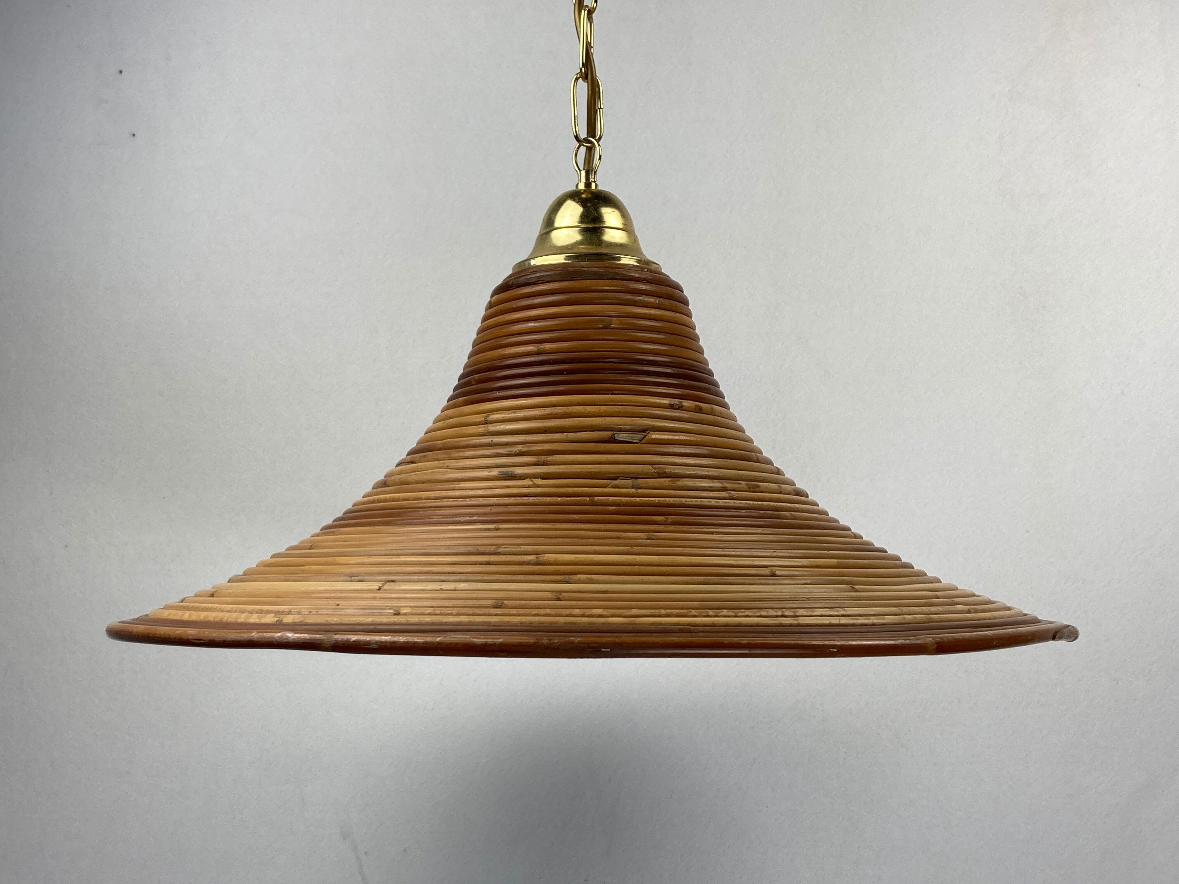 Pencil split reed rattan bamboo and brass pendant Lamp, 1970s