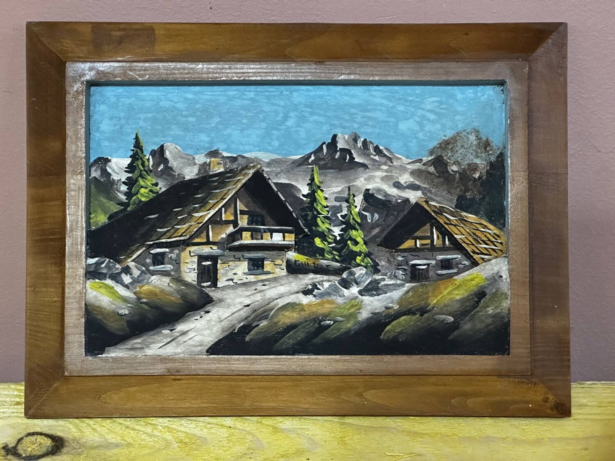 Tableau Alpin Vintage Sculpté et Peint - 23 / 32 cm