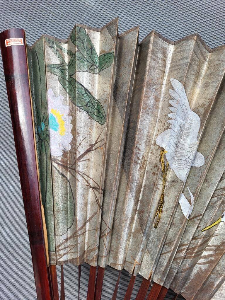 Grand éventail Art Déco grues et Amour en cage