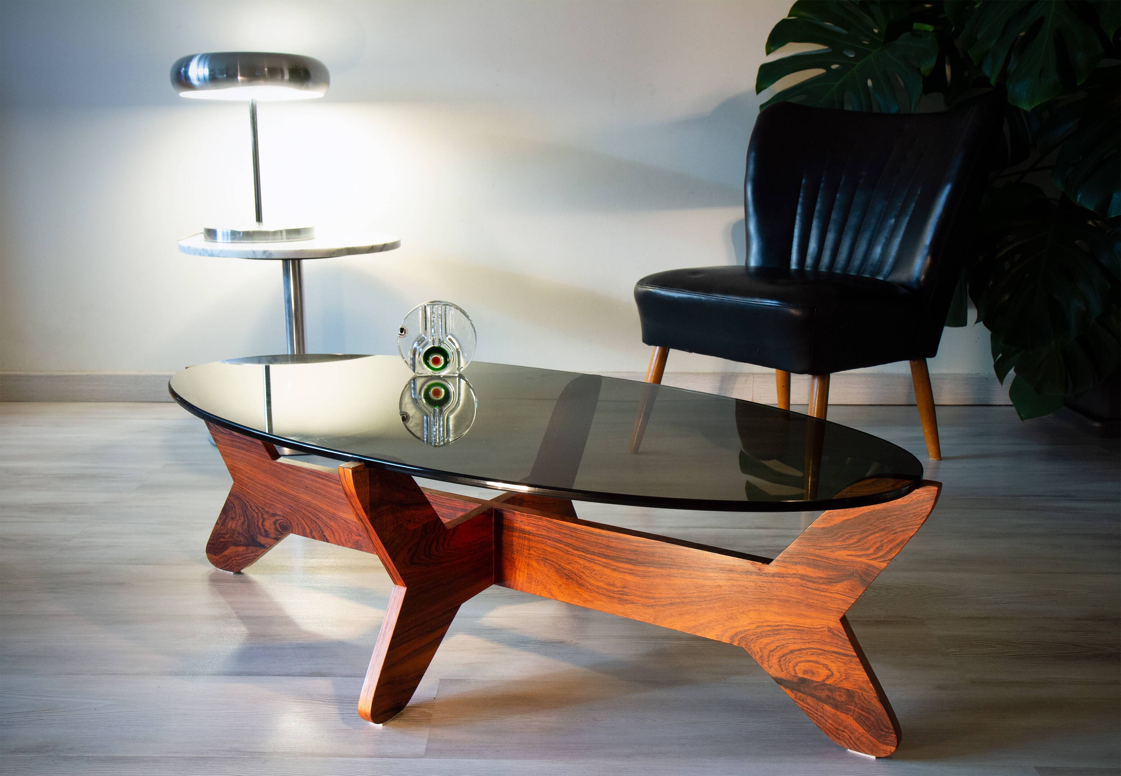 Scandinavian coffee table, rosewood and smoked glass, 1960