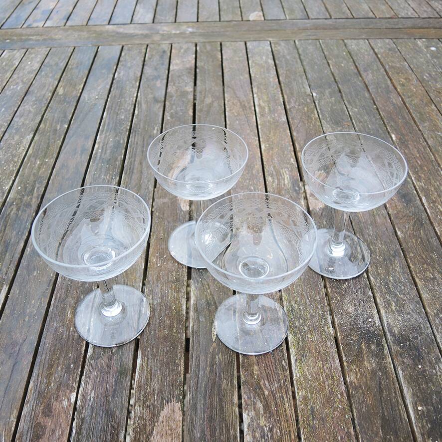 4 Antique Glass Champagne Coupes with Ribbon Pattern