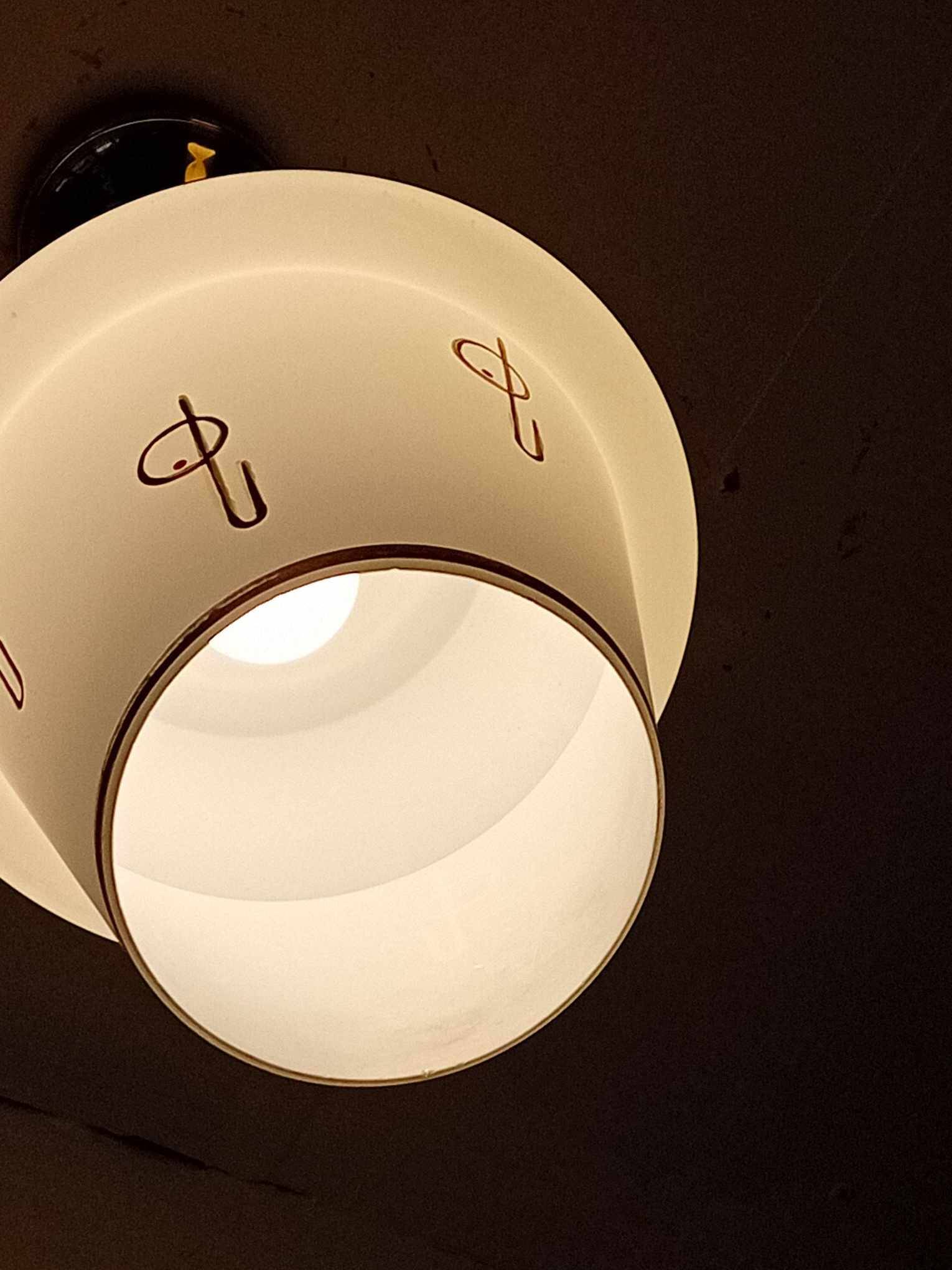 Opaline globe pendant light with stylized 1950s decoration