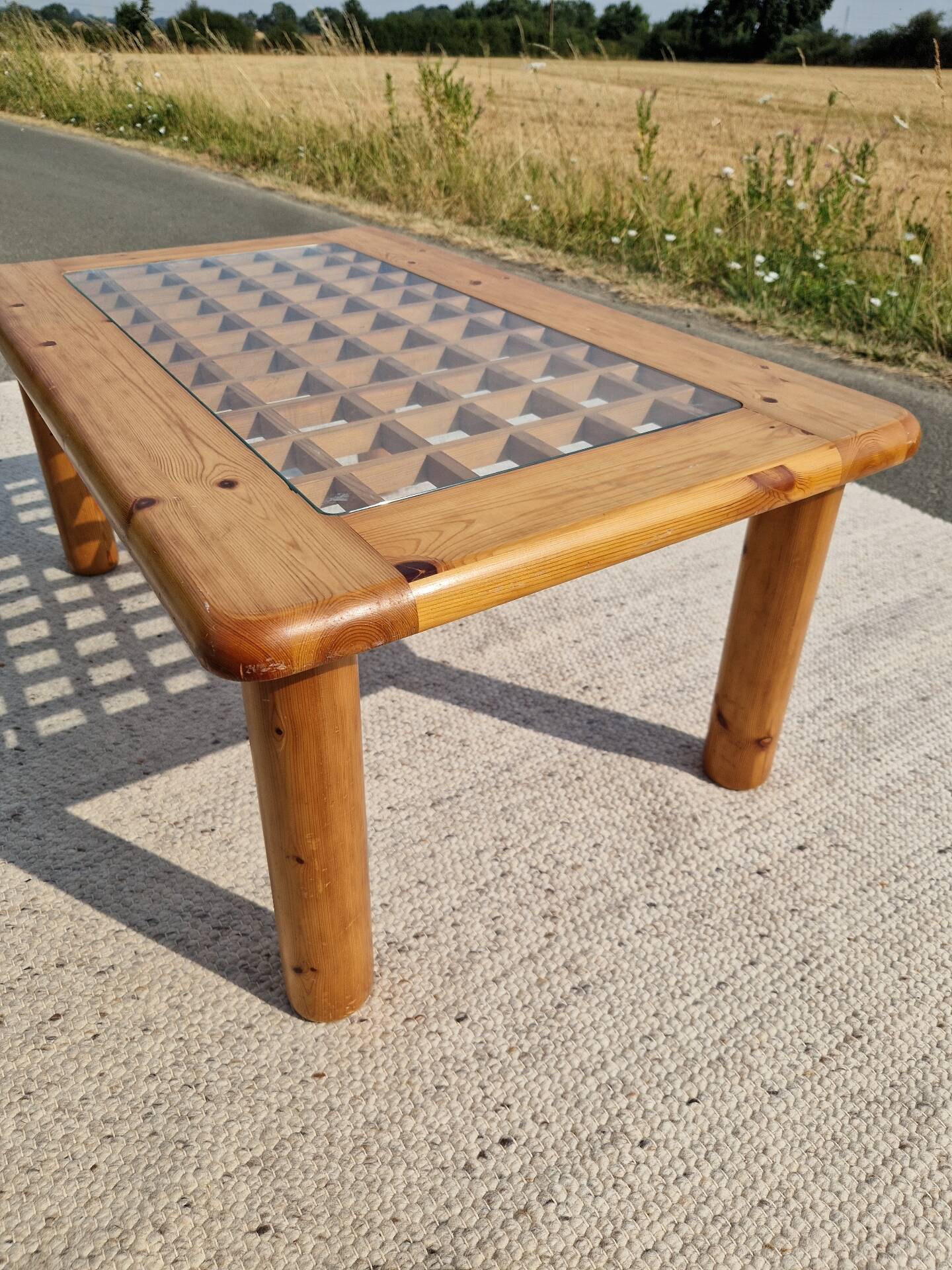 Vintage modernist coffee table in pine.