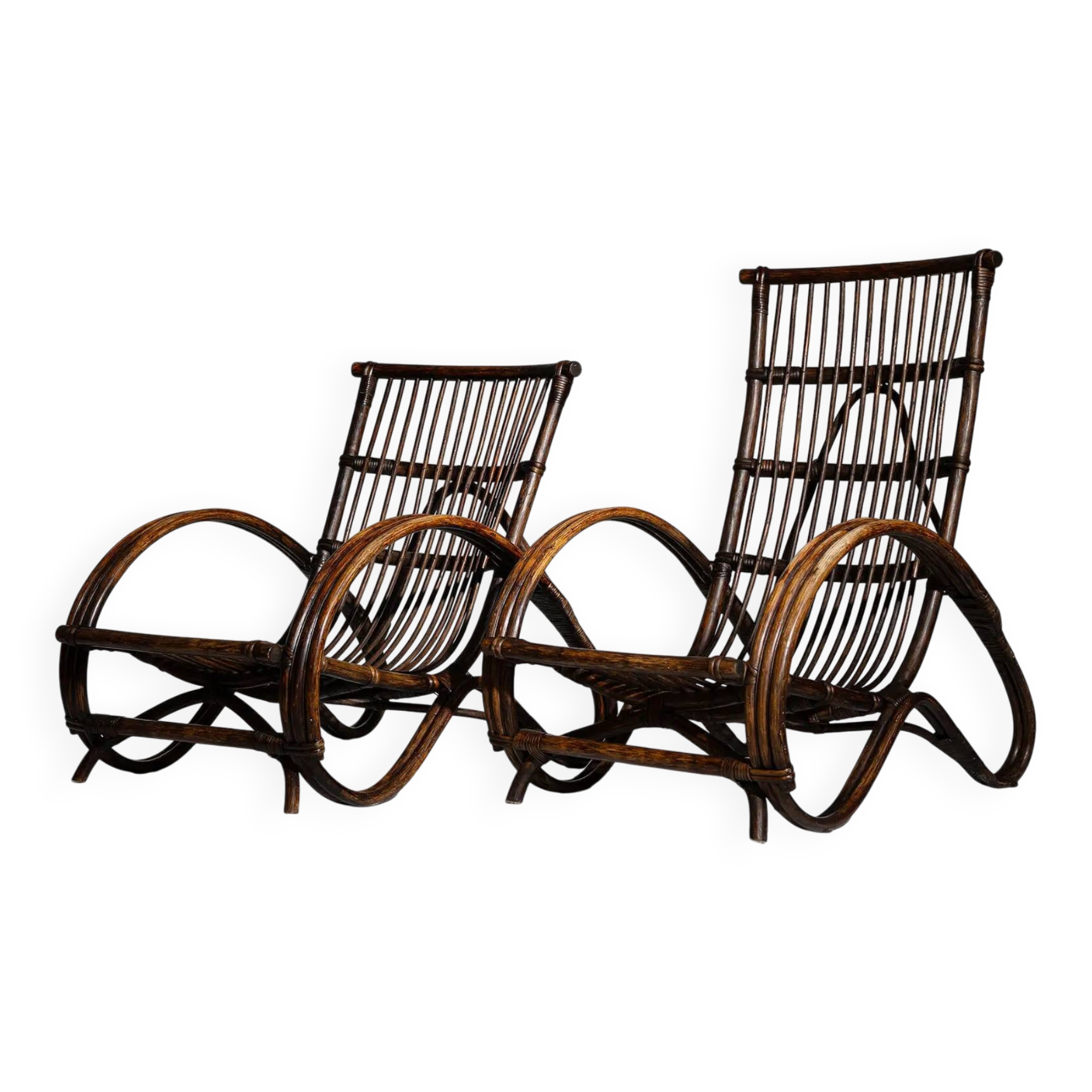 Pair of Sculptural Dutch Rattan Lounge Armchairs, Mid-Century Modern, 1960s