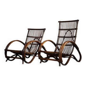 Pair of Sculptural Dutch Rattan Lounge Armchairs, Mid-Century Modern, 1960s