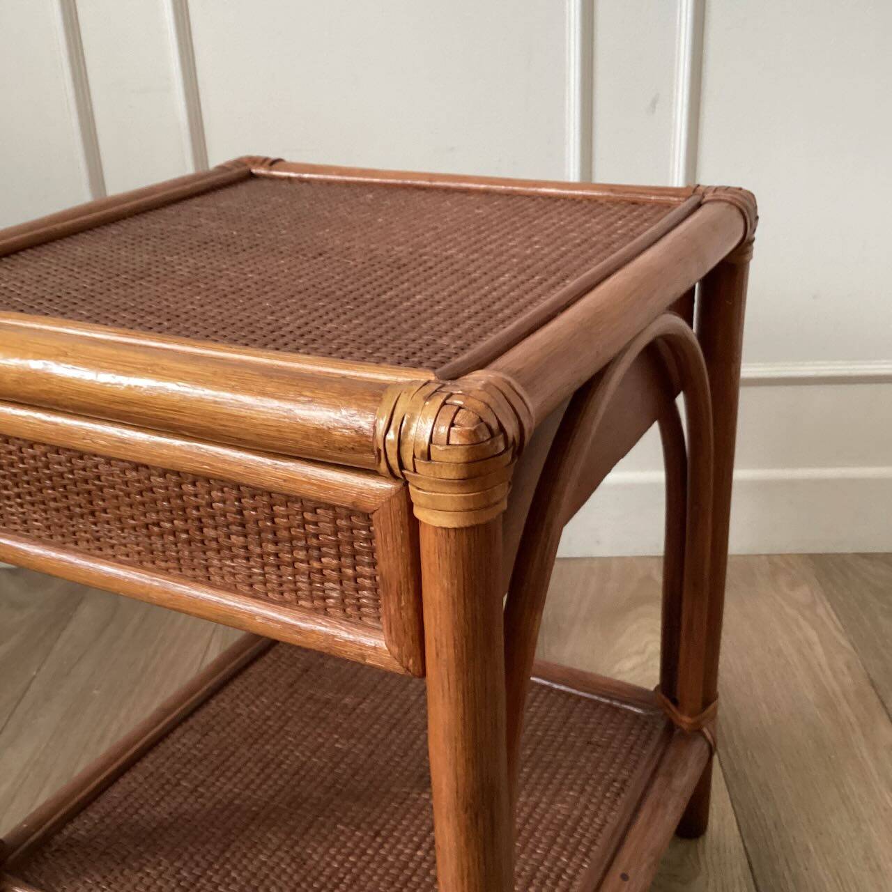 Vintage woven rattan and wicker bedside table