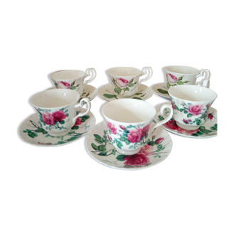6 tiled coffee or tea cups + saucers ( English Rose ) Roy Kirkham