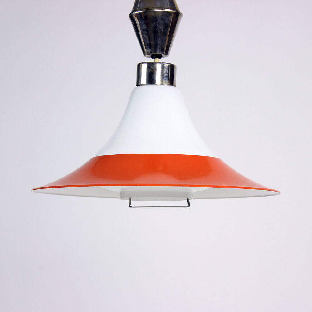 Midcentury ceiling pull down light in white opaine & brass, Czechoslovakia 1960s