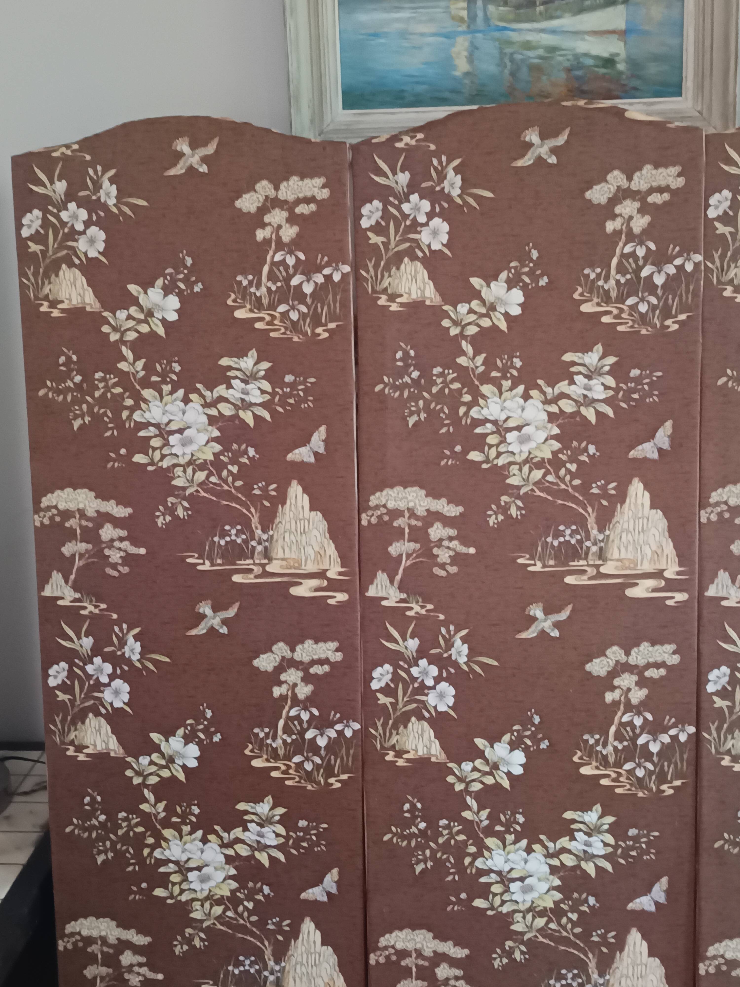 large antique headboard with 4 panels featuring Asian decor from the 1940s/50s