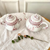 Teapot and its English style sugar bowl fine earthenware from Creil and Montereau. Model "Pink crests" late 19th around 1876