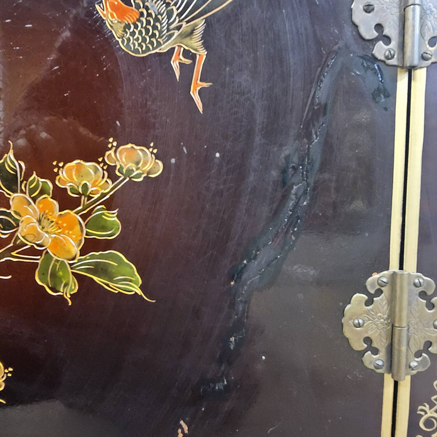 Vintage red / gold Chinese lacquer cabinet with flowers and birds