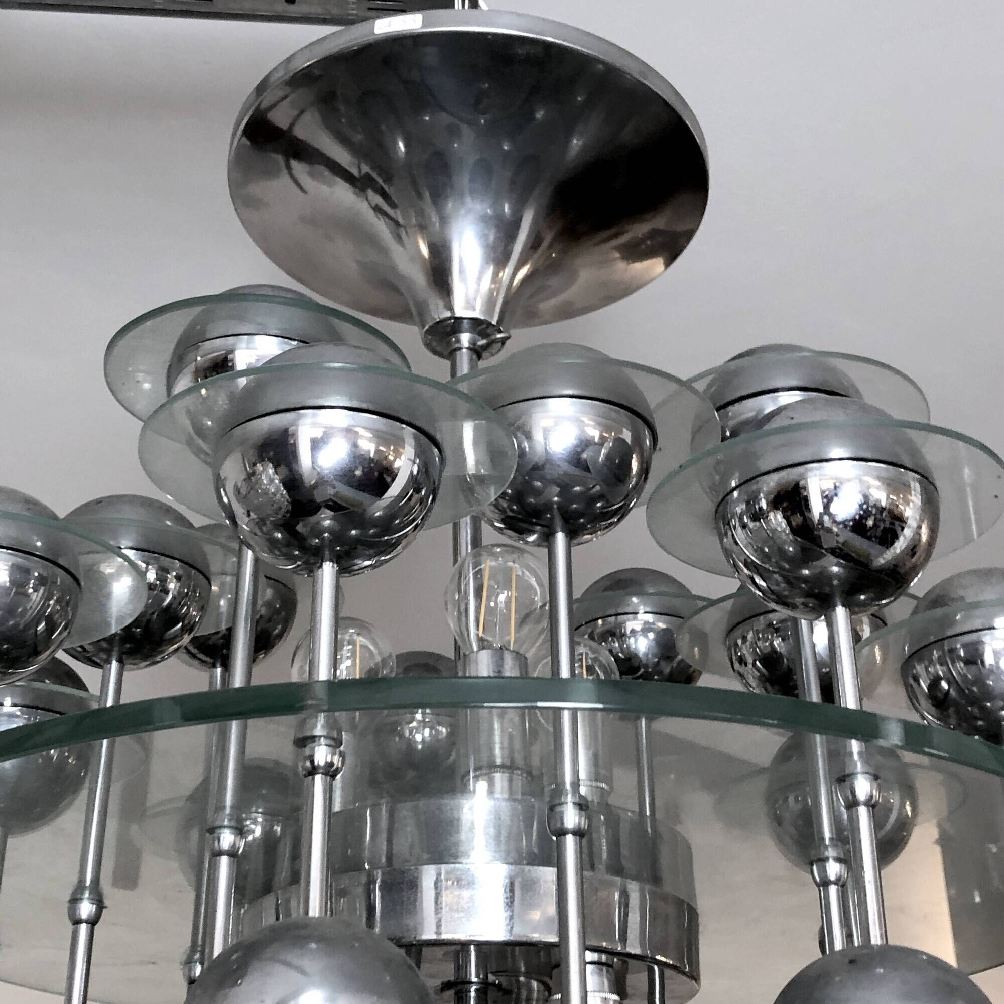 Reggiani, Vintage Italian Space Age Glass and Chrome Chandelier, 1970s