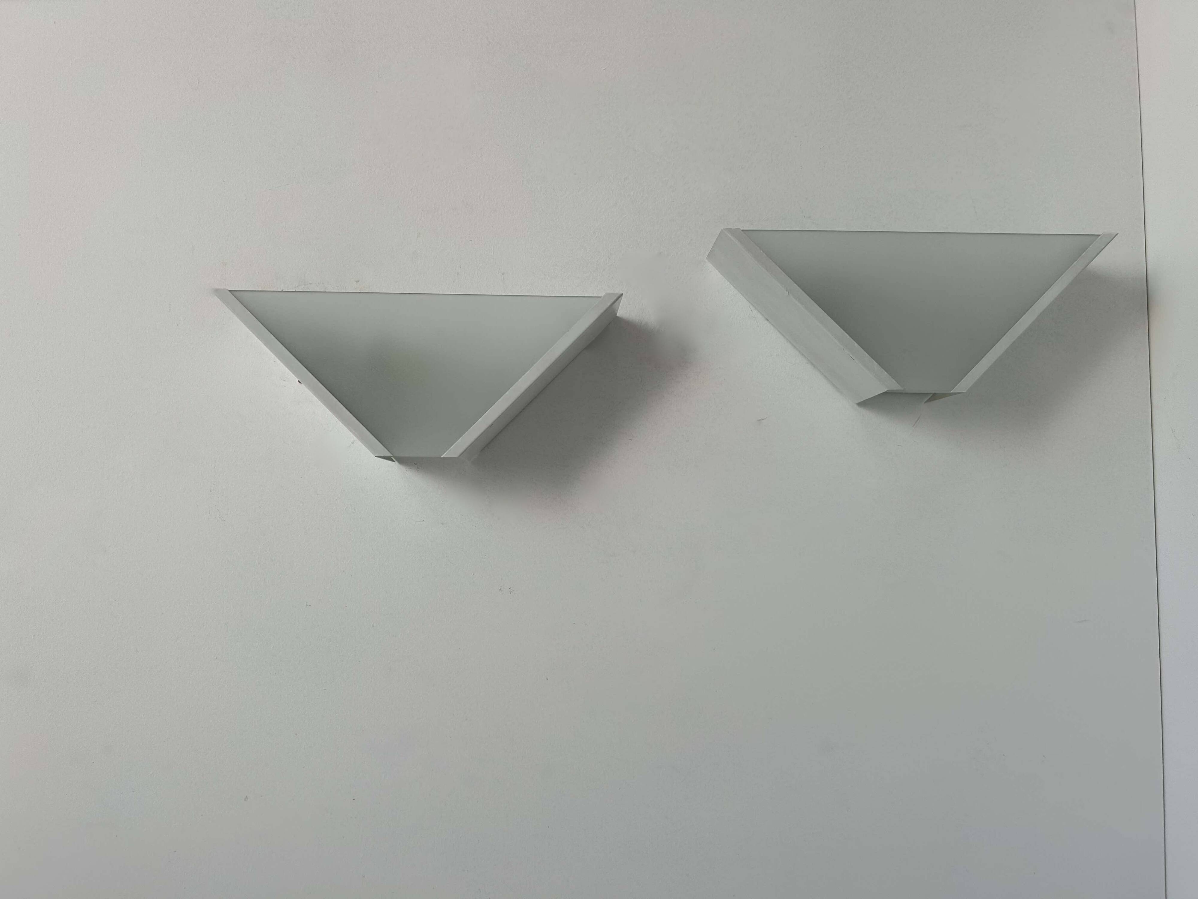 Pair of vintage geometric wall lights, sandblasted glass and white metal, Italy 1970