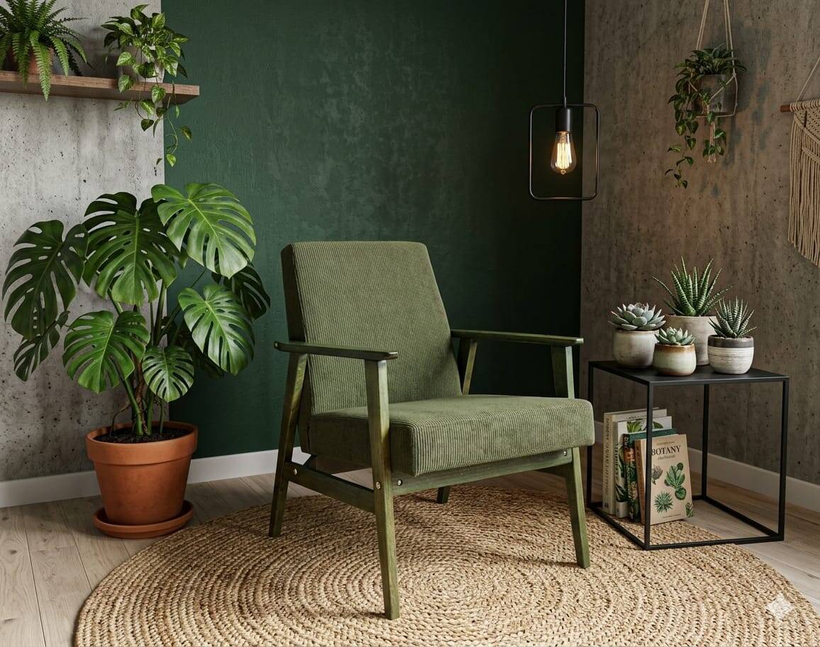 Fauteuil vintage en velours côtelé vert olive, bois vert