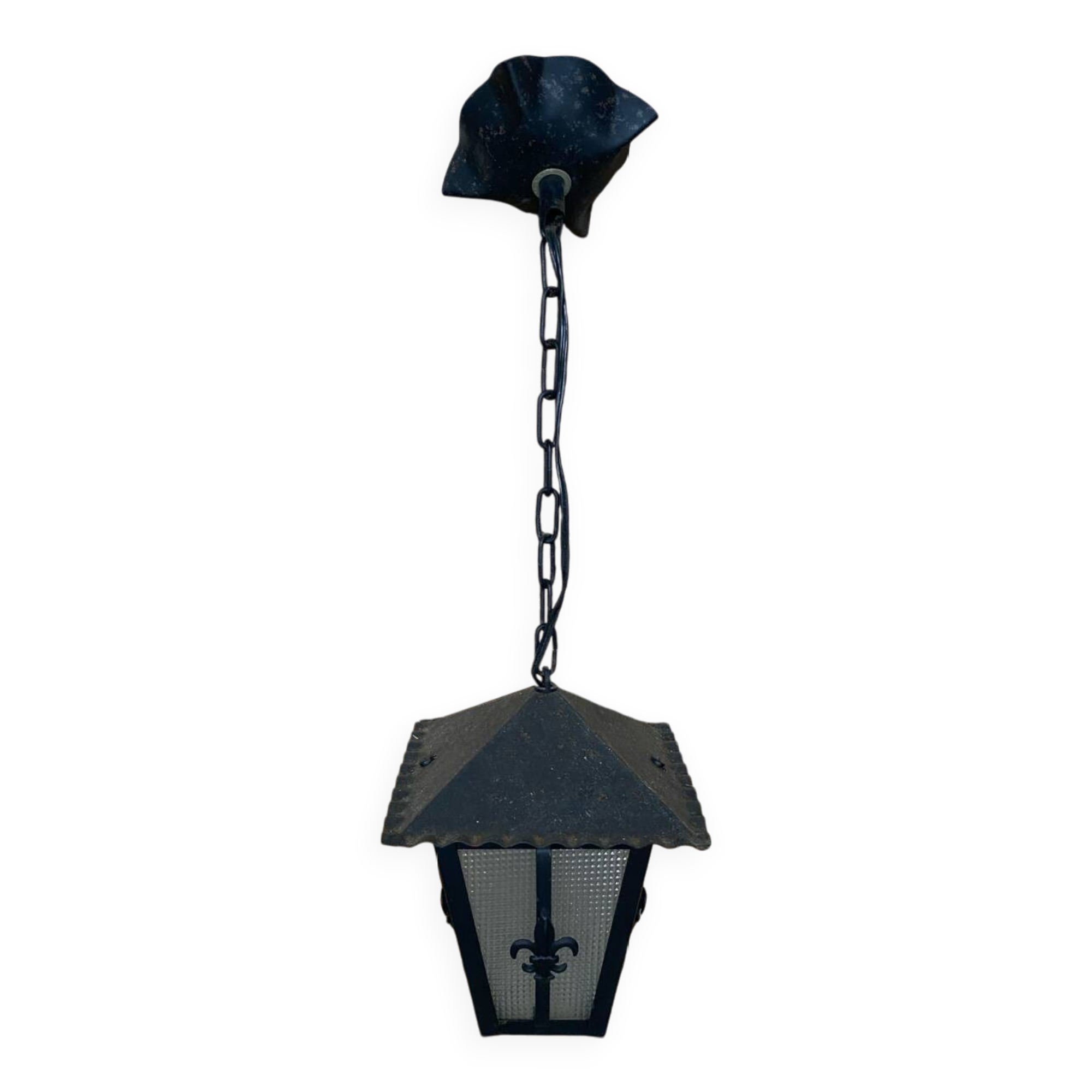 Antique black metal lantern pendant + glass fleur de lys decor vintage