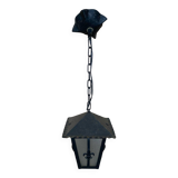 Antique black metal lantern pendant + glass fleur de lys decor vintage