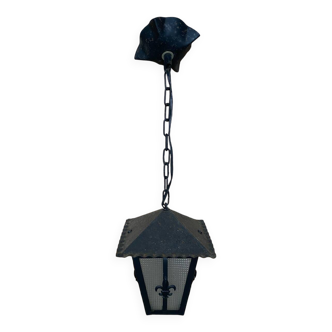 Antique black metal lantern pendant + glass fleur de lys decor vintage