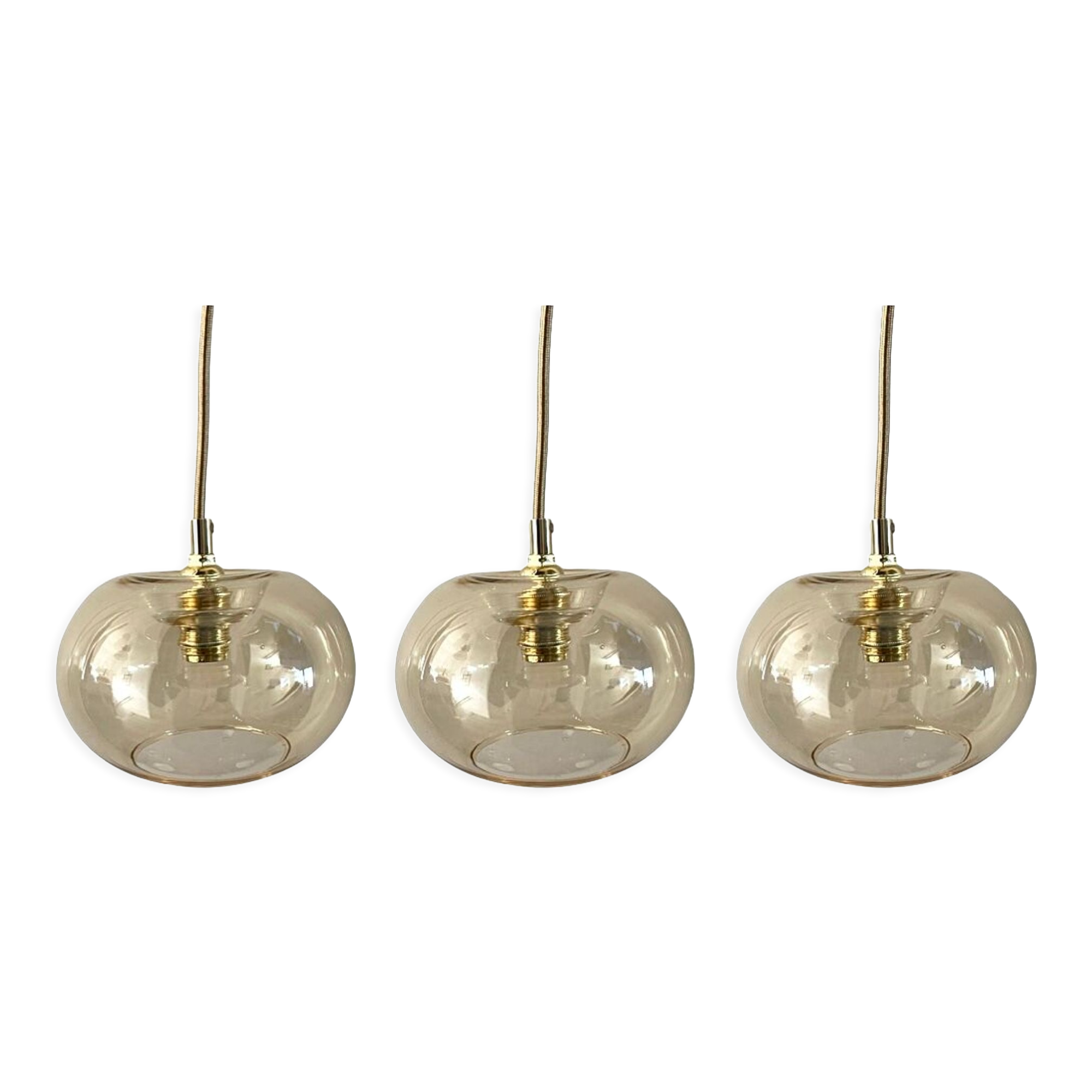 Set of three new electrified golden glass pendant lamps
