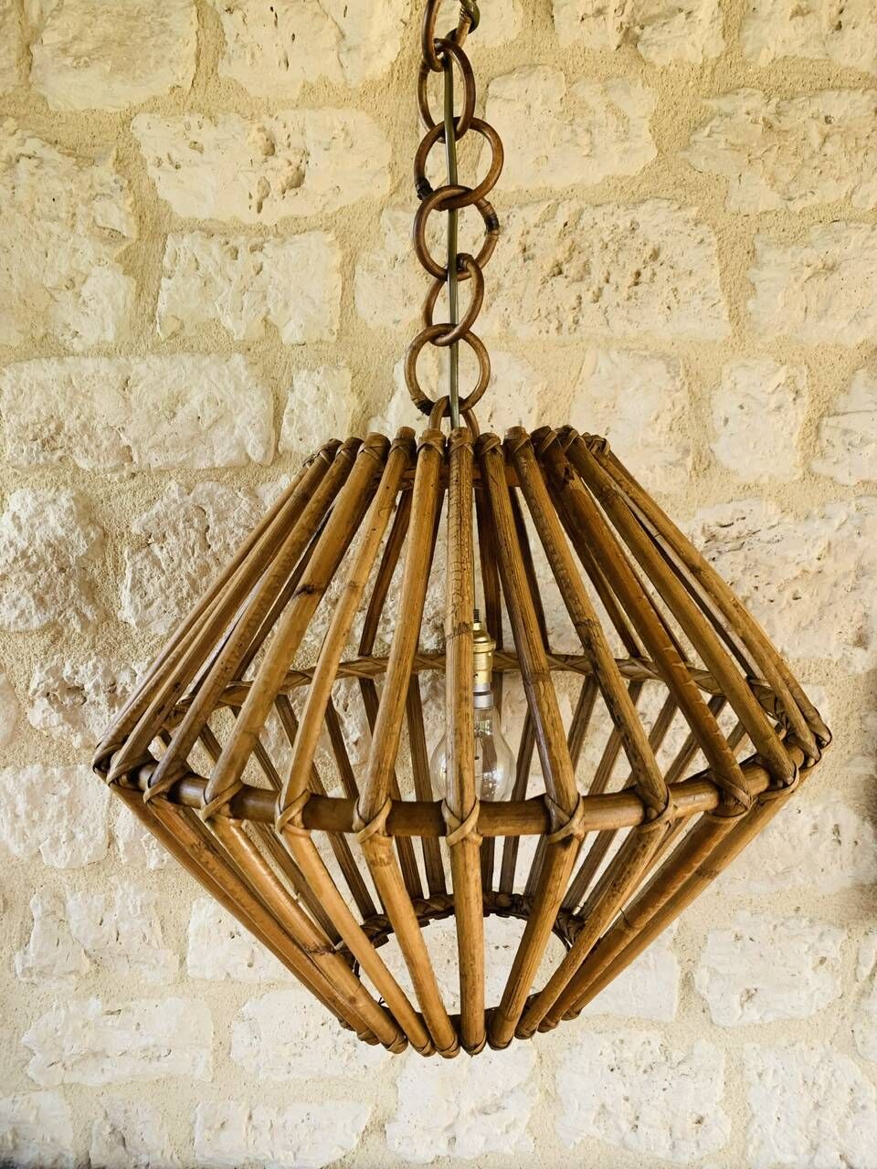 Large vintage pendant light in bamboo and rattan, circa 1960's