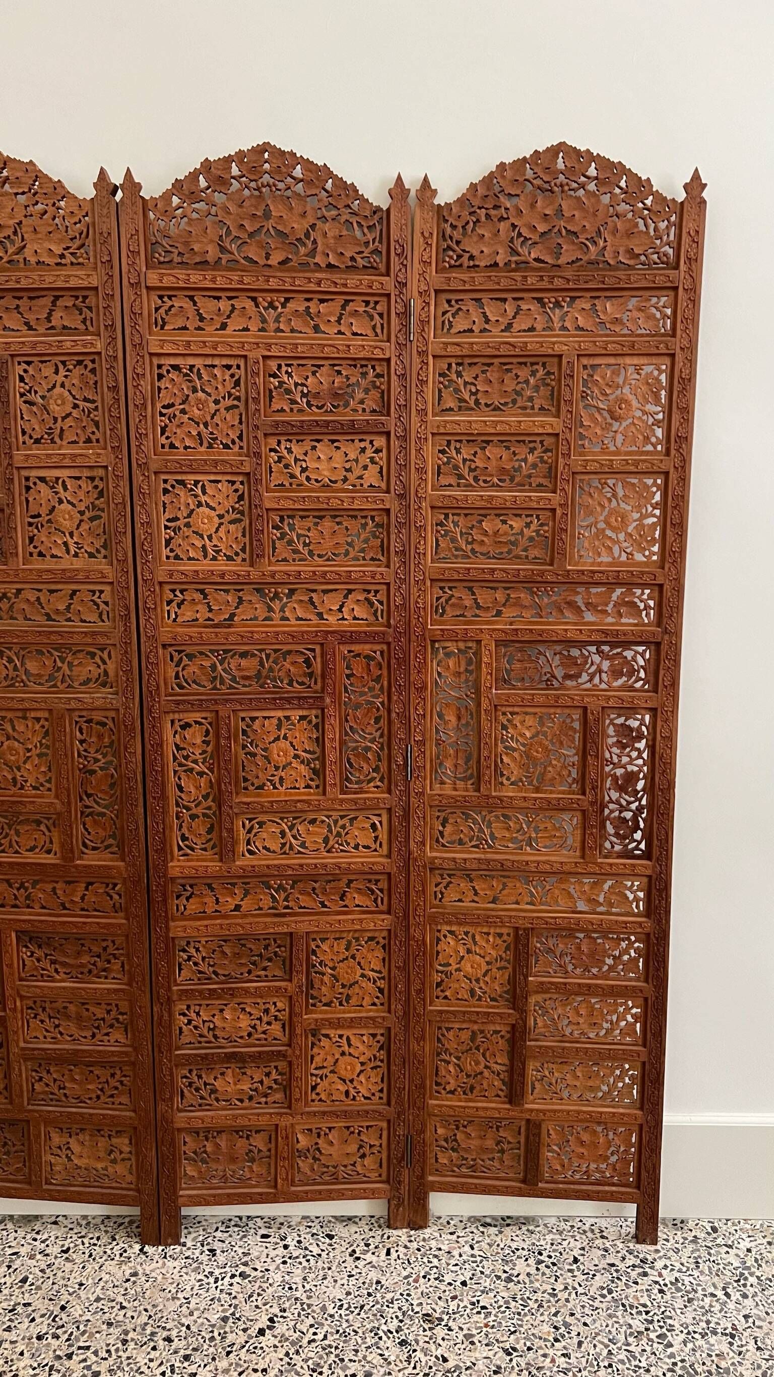 Vintage Asian carved teak screen — mid-20th century