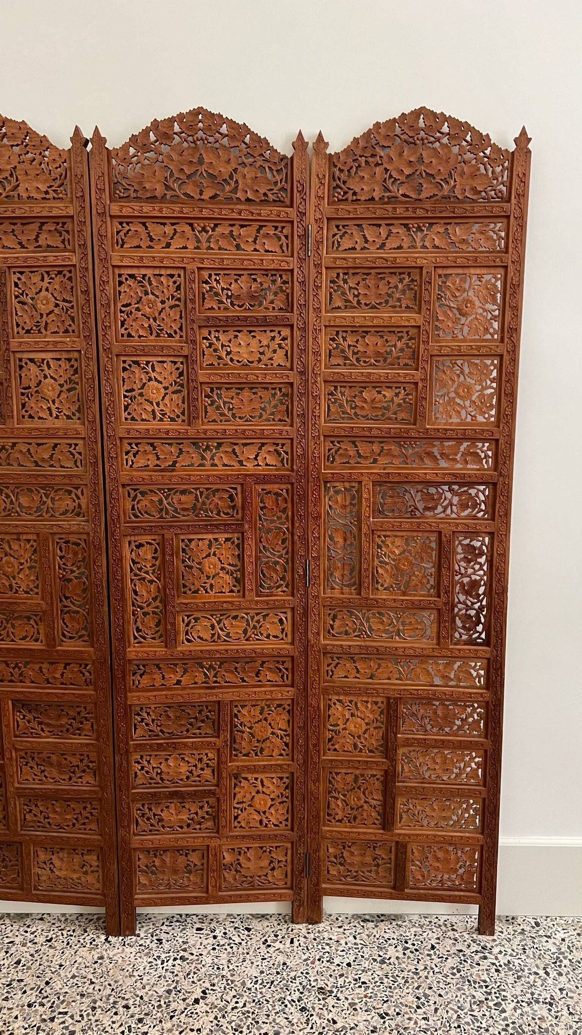 Vintage Asian carved teak screen — mid-20th century