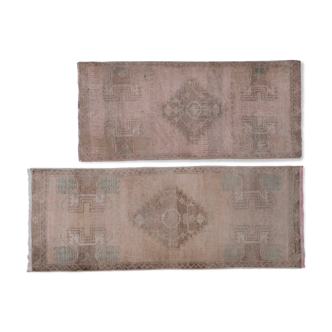 Distressed Low Pile Rug Turkish Yastik Small Rug - a Pair 49 x 127 - 47 x 103 cm