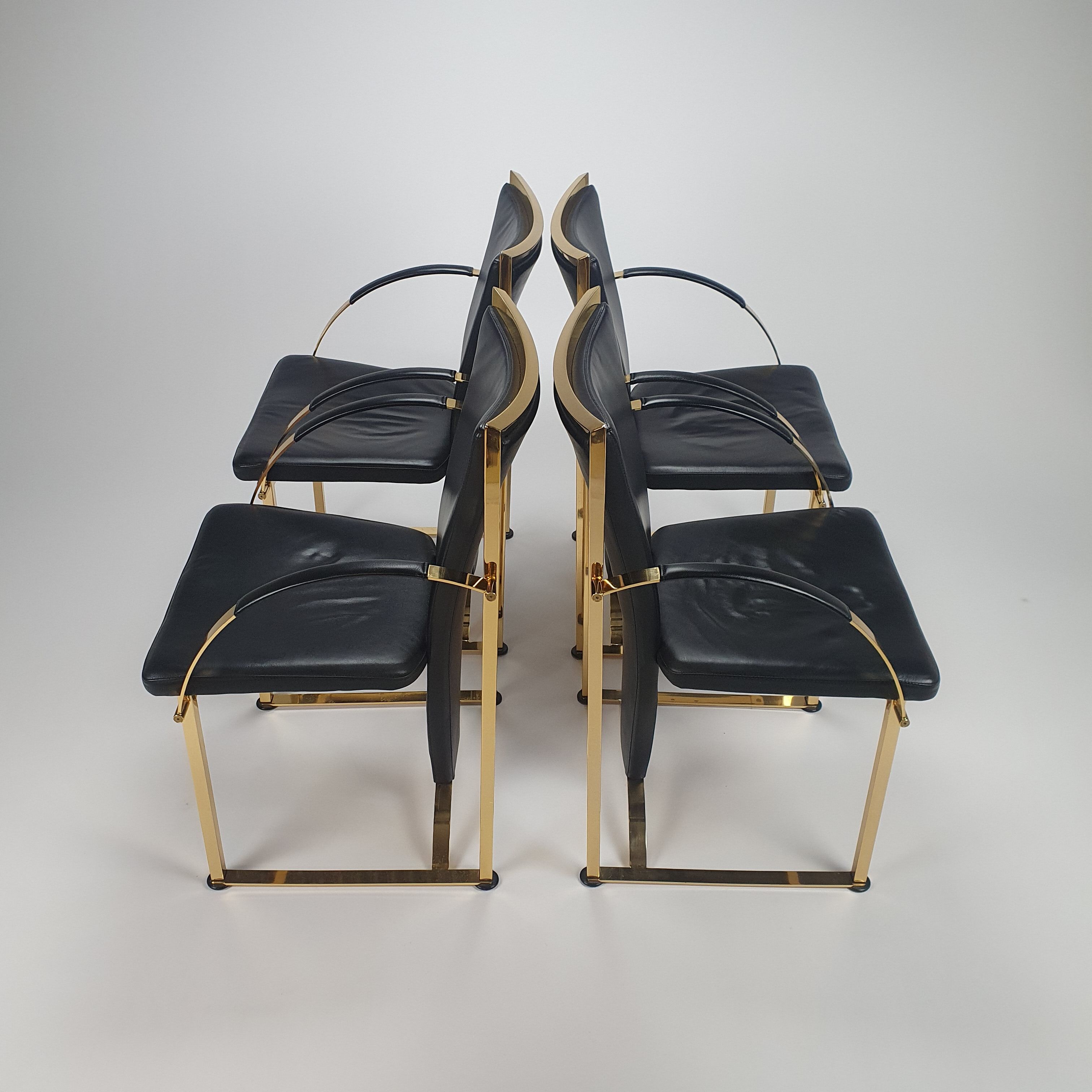 Regency exclusive brass & leather dining chairs by Ronald Schmitt, Set of 4