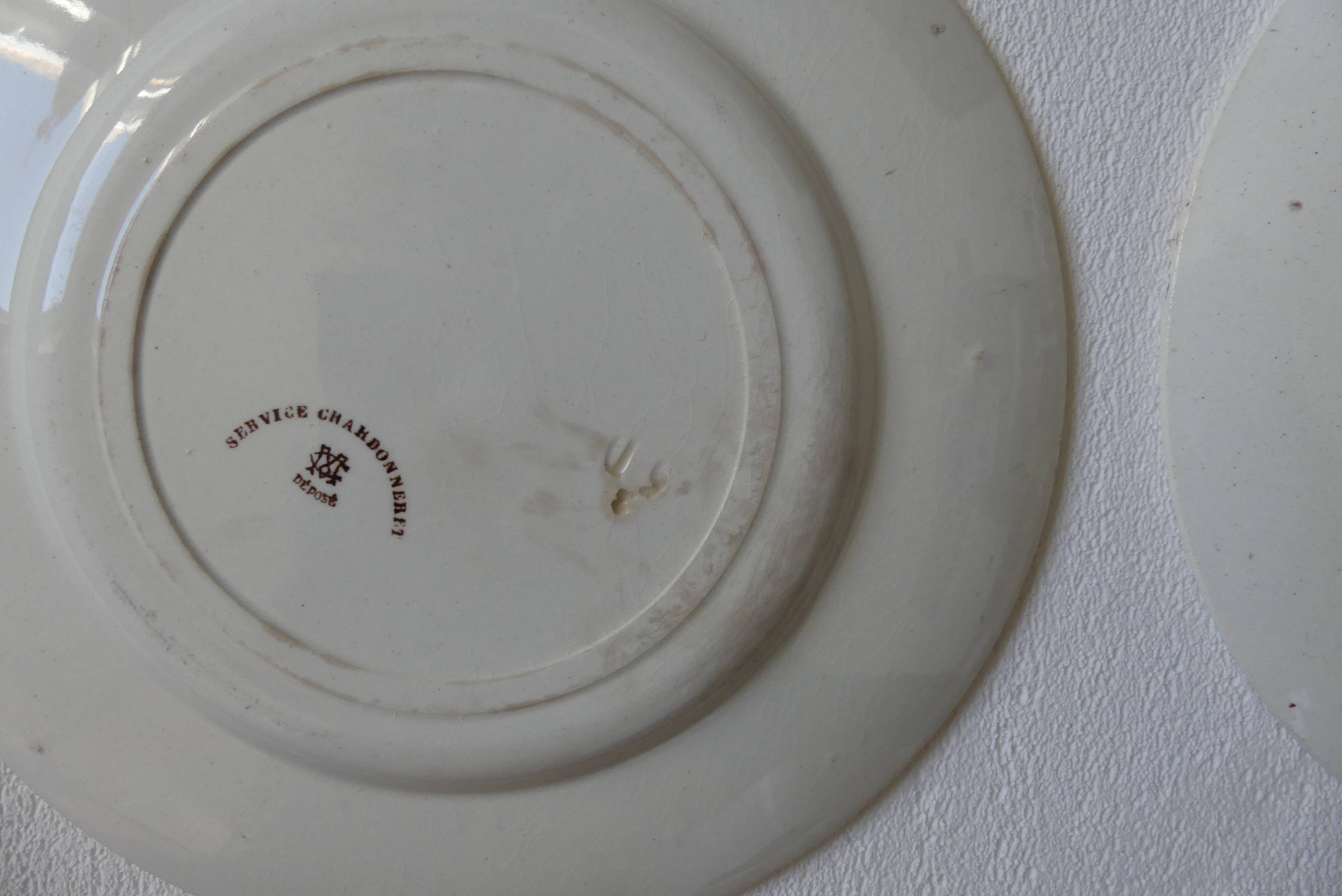 4 plates creil & montereau chardonnerets model with sepia birds decor