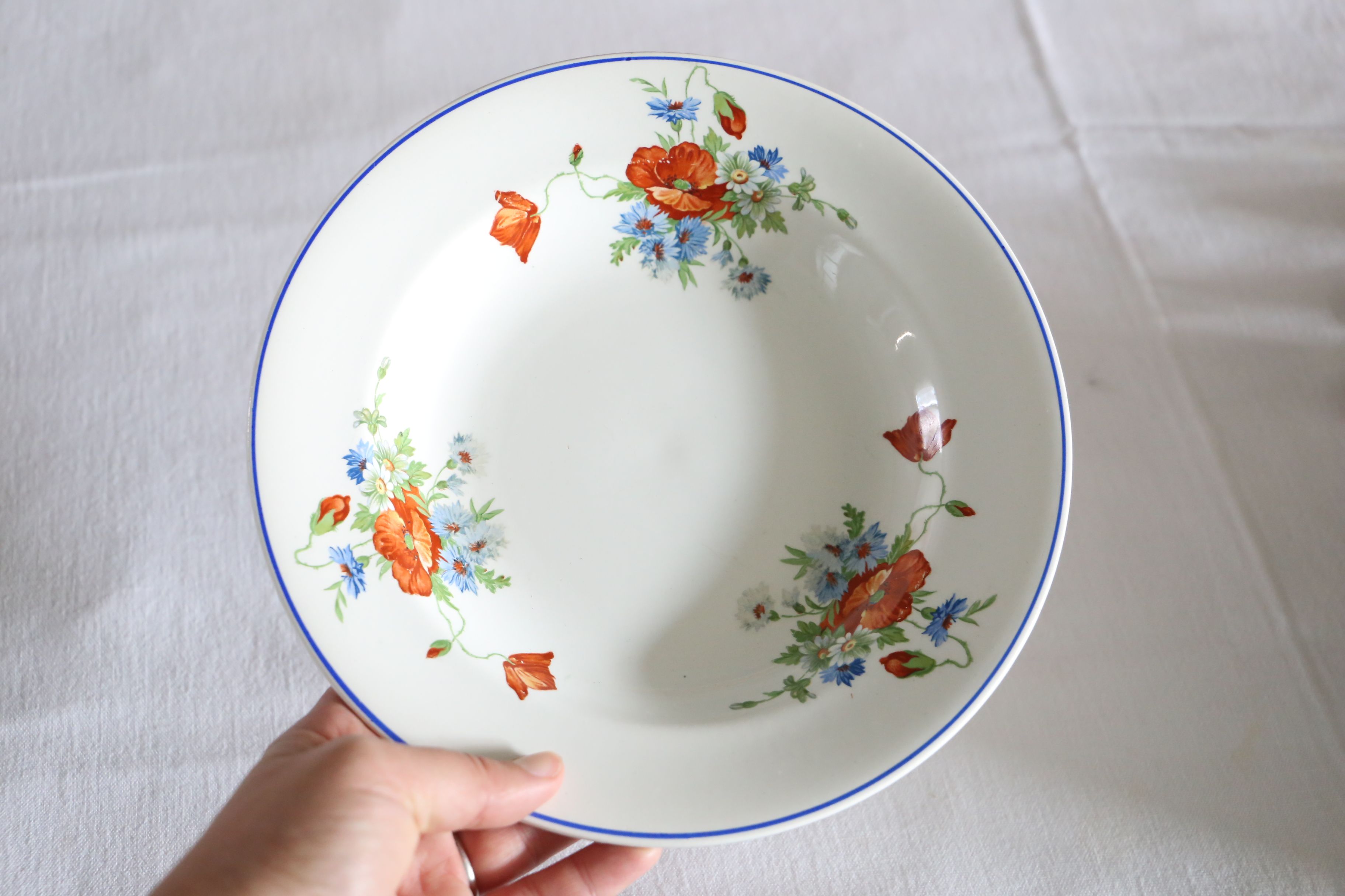 Set of 6 hollow plates of Salins, Poppy pattern, opaceline, vintage