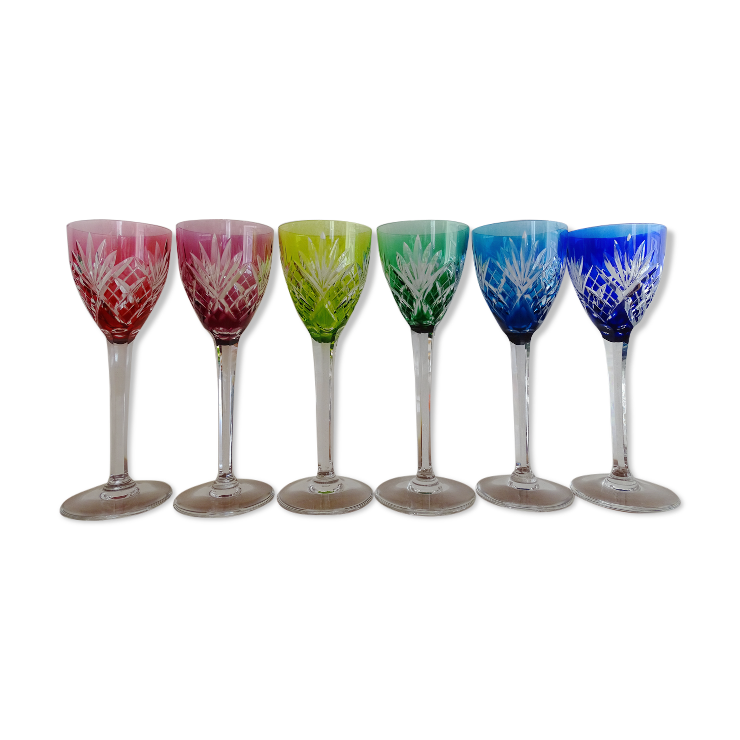 6 Roemer Saint Louis wine glasses in colored lined cut crystal signed