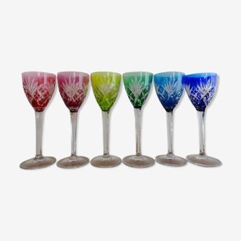 6 Roemer Saint Louis wine glasses in colored lined cut crystal signed