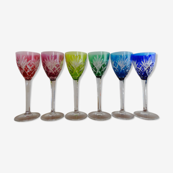 6 verres à vin Roemer Saint Louis en cristal taillé doublé colorés signés