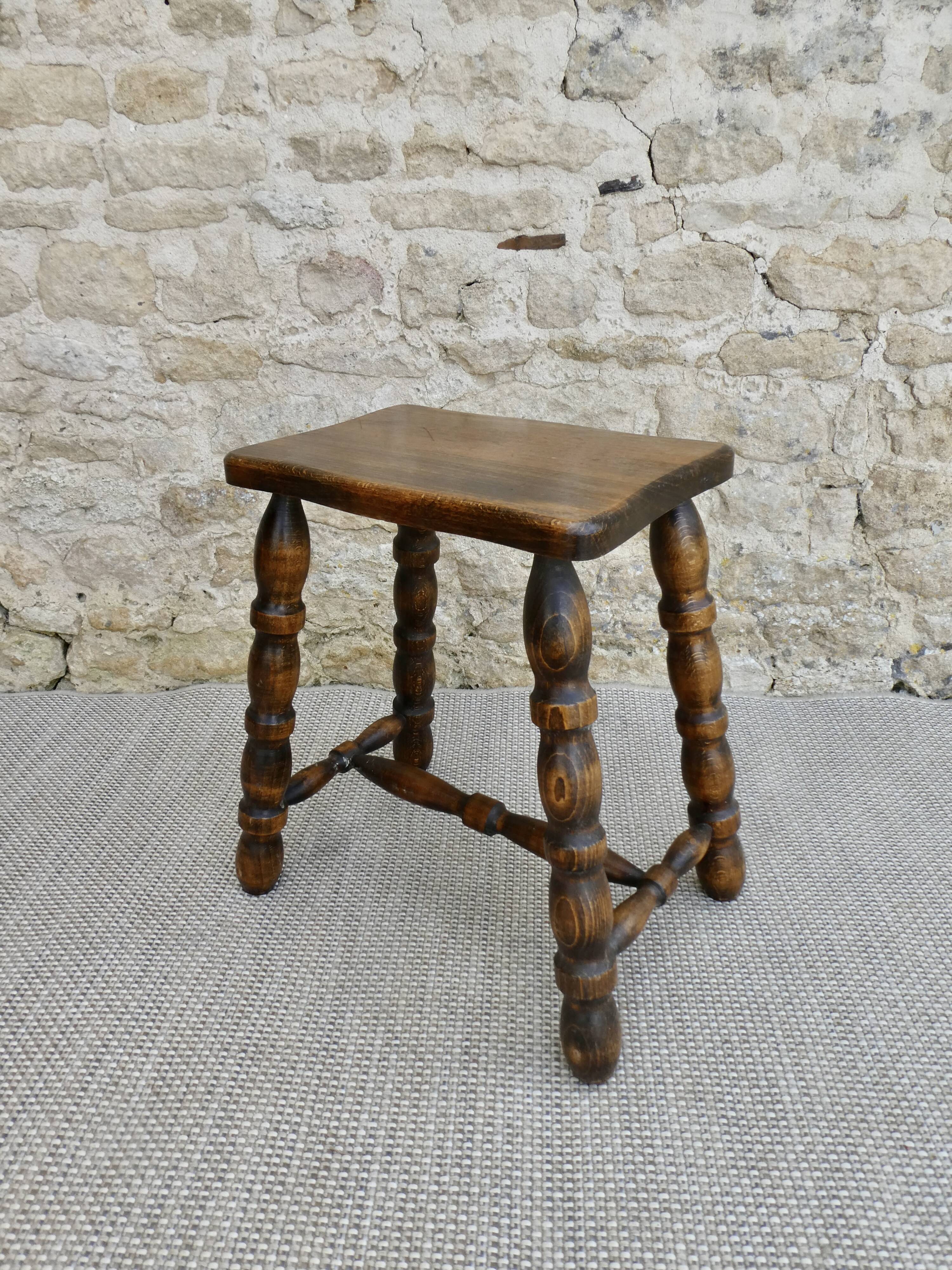 Solid wood stool, carved legs, 60s