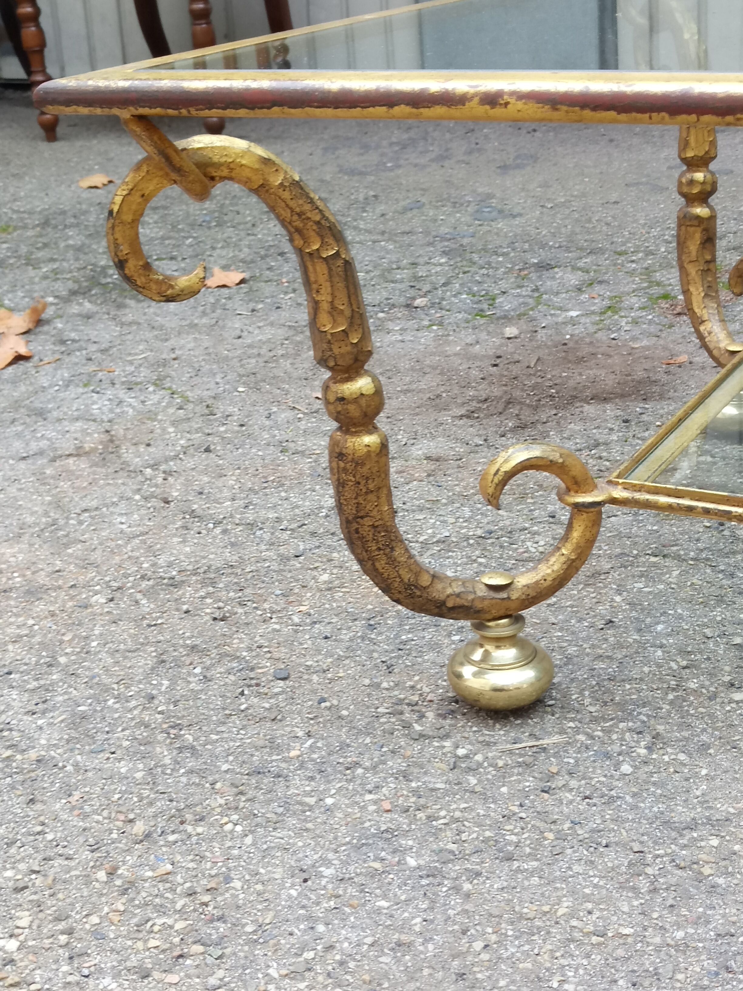 Glass table and wrought-iron gold leaf vintage