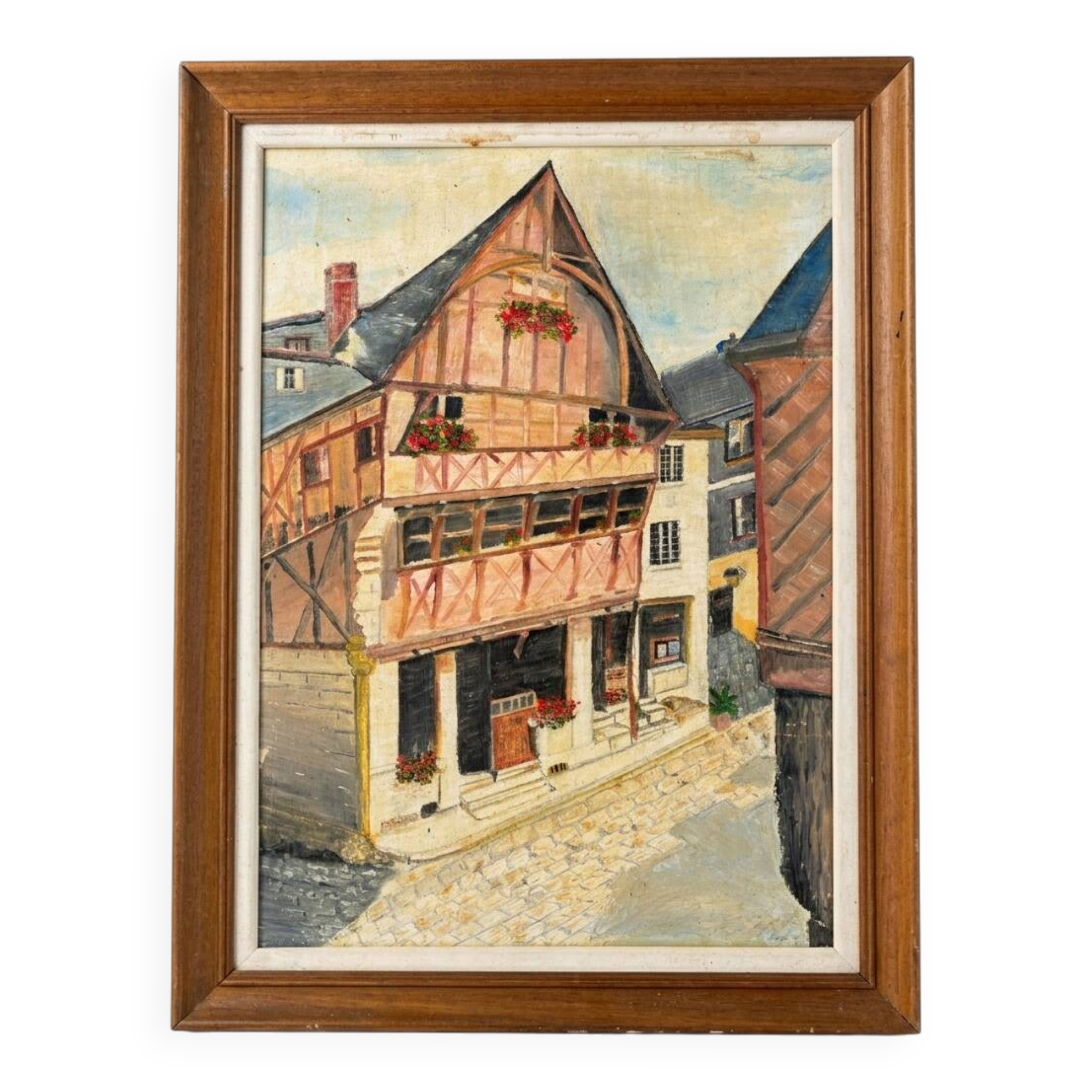 Oil table house half-timbered cobbled street - Breton Norman village