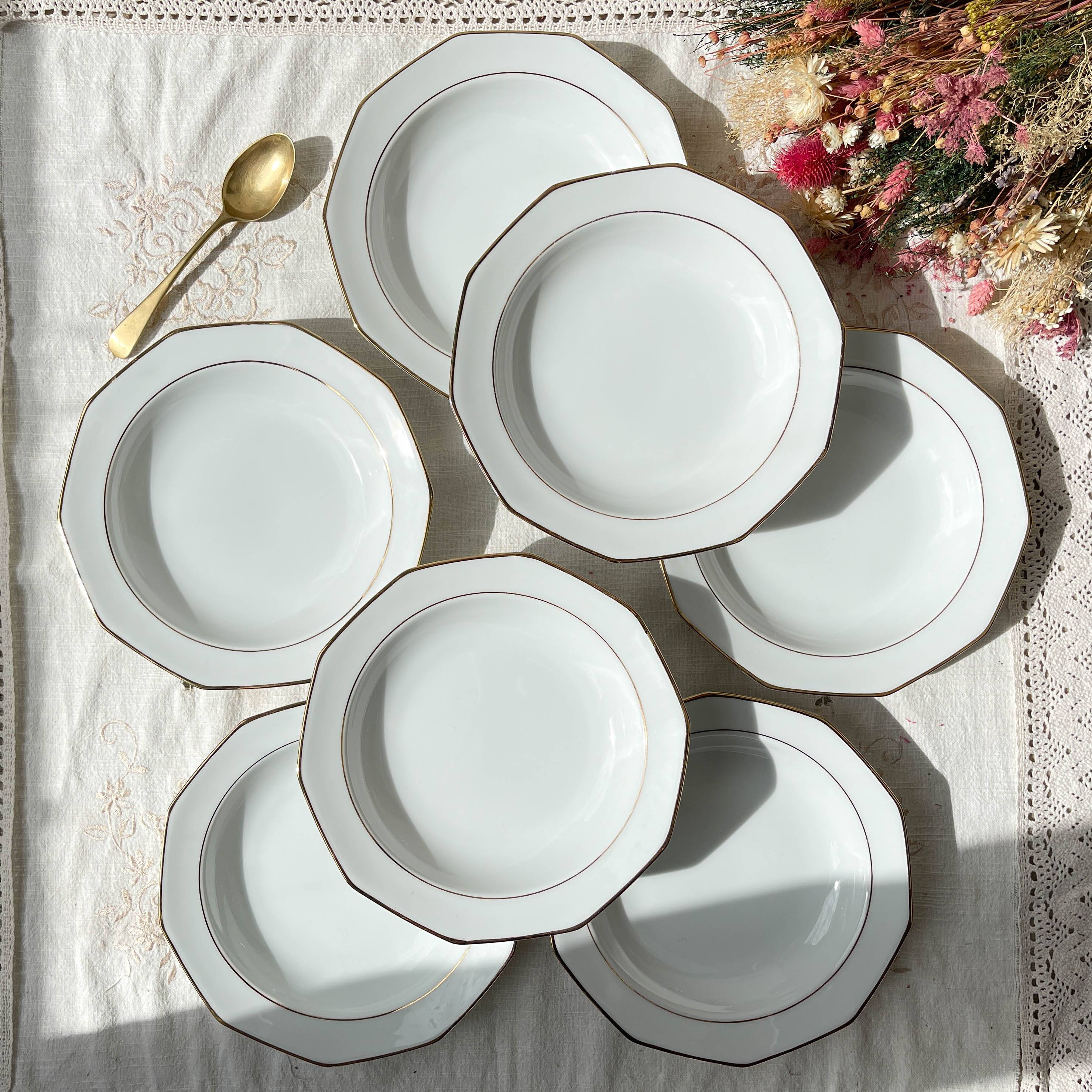 7 Winterling Marktleuthen Bavaria porcelain soup plates in white and gold