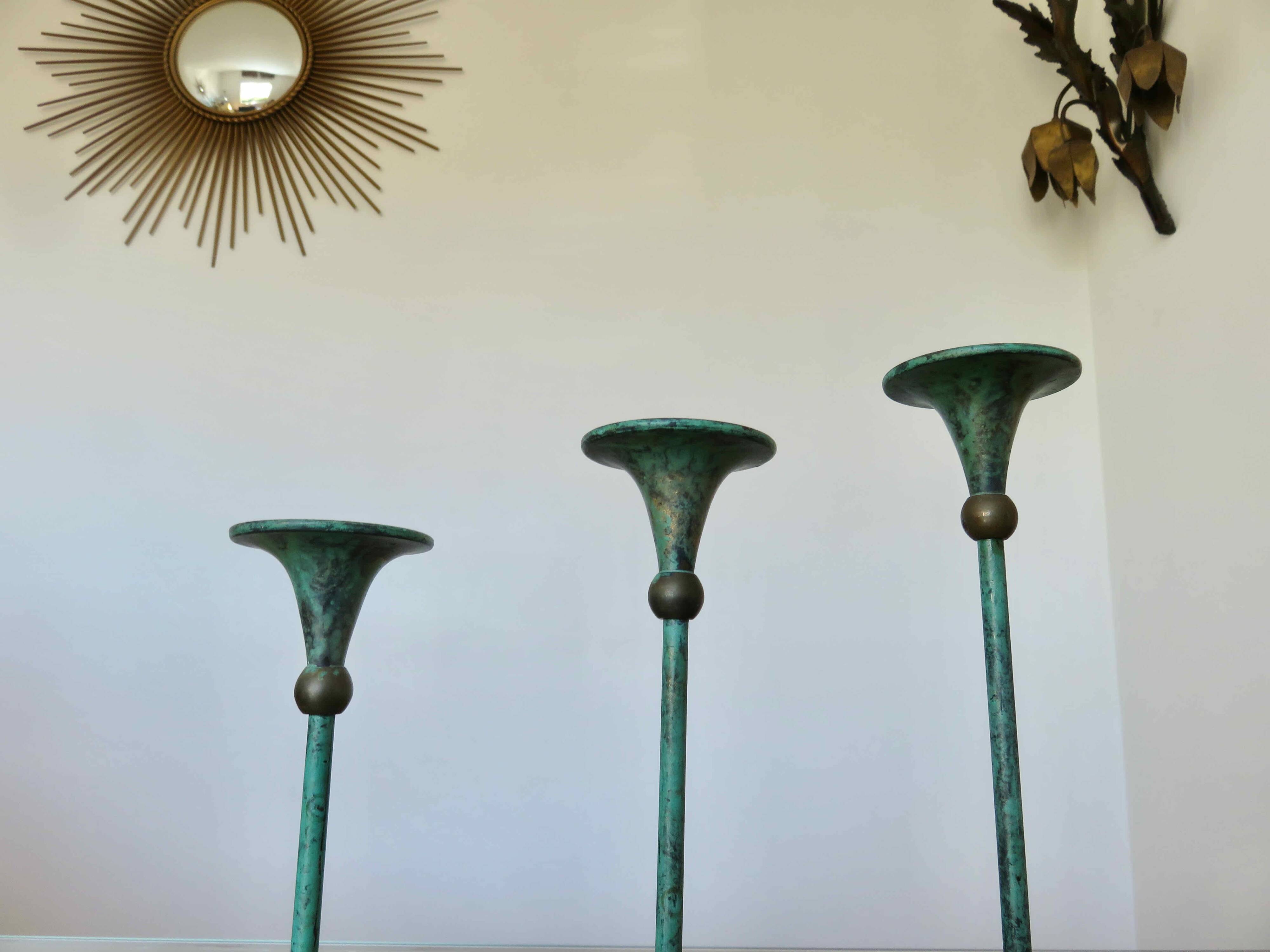 Series of 3 green tinted brass candlesticks from the 70s