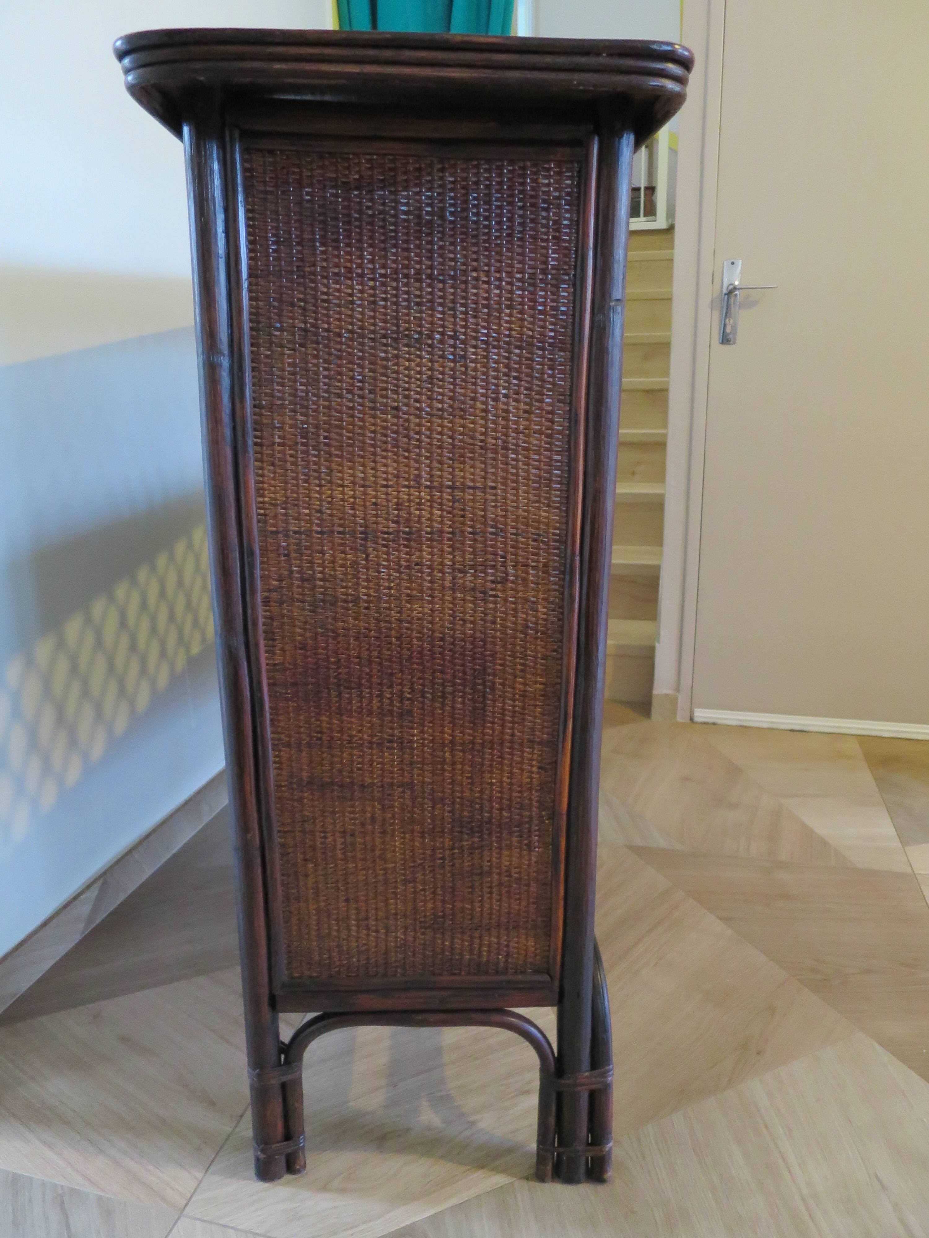 Rare vintage bar cabinet shelf wood woven rattan 80s retro