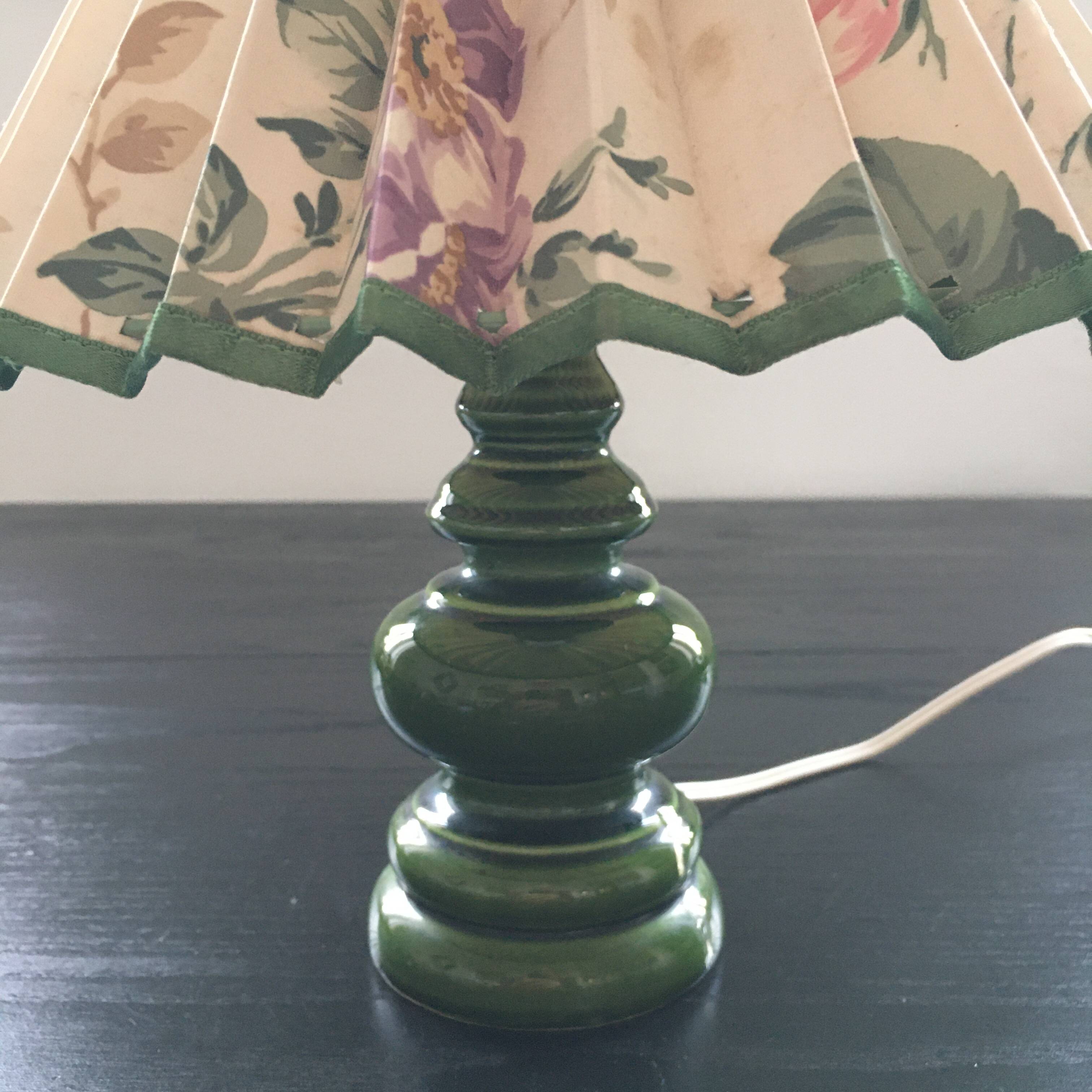 Green ceramic lamp and flowered lampshade
