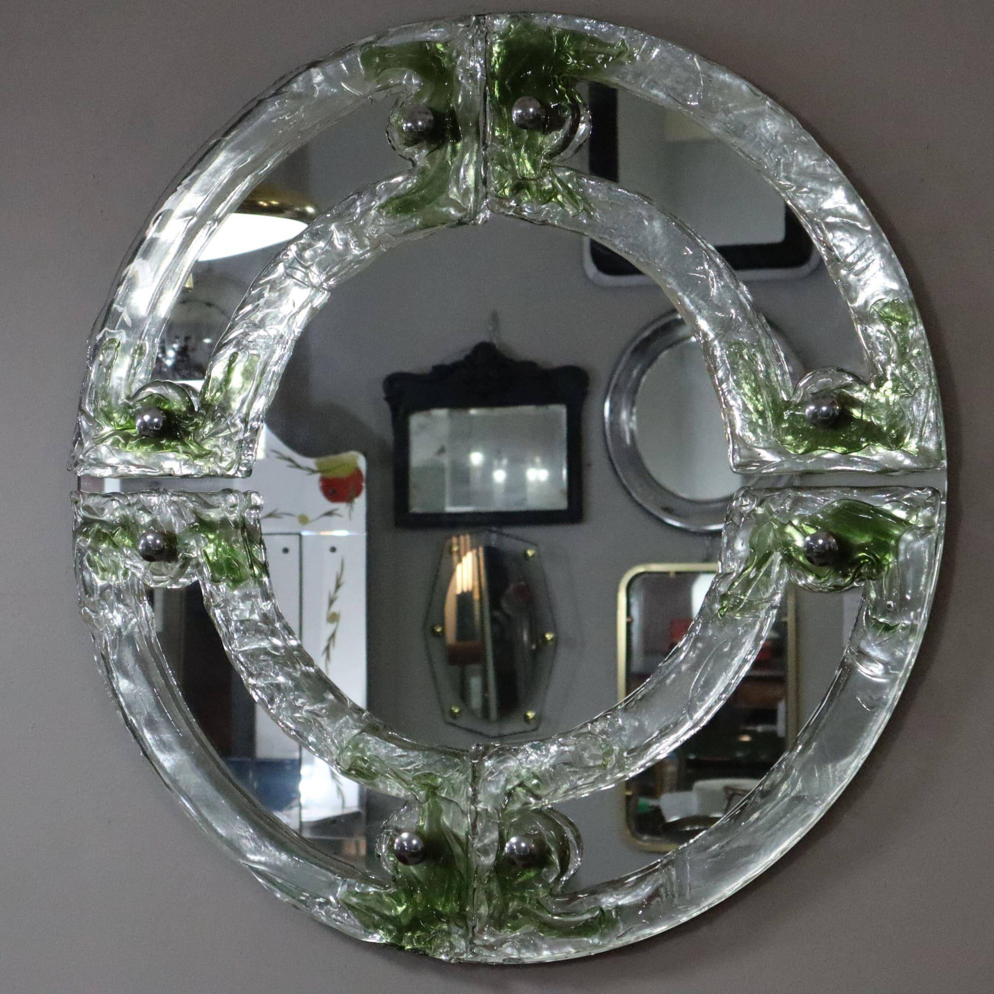Mid-century round green Murano glass Italian mirror by Mazzega, 1960s