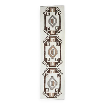 Vintage Turkish Oushak Handmade Wool Cotton White Runner 90x350