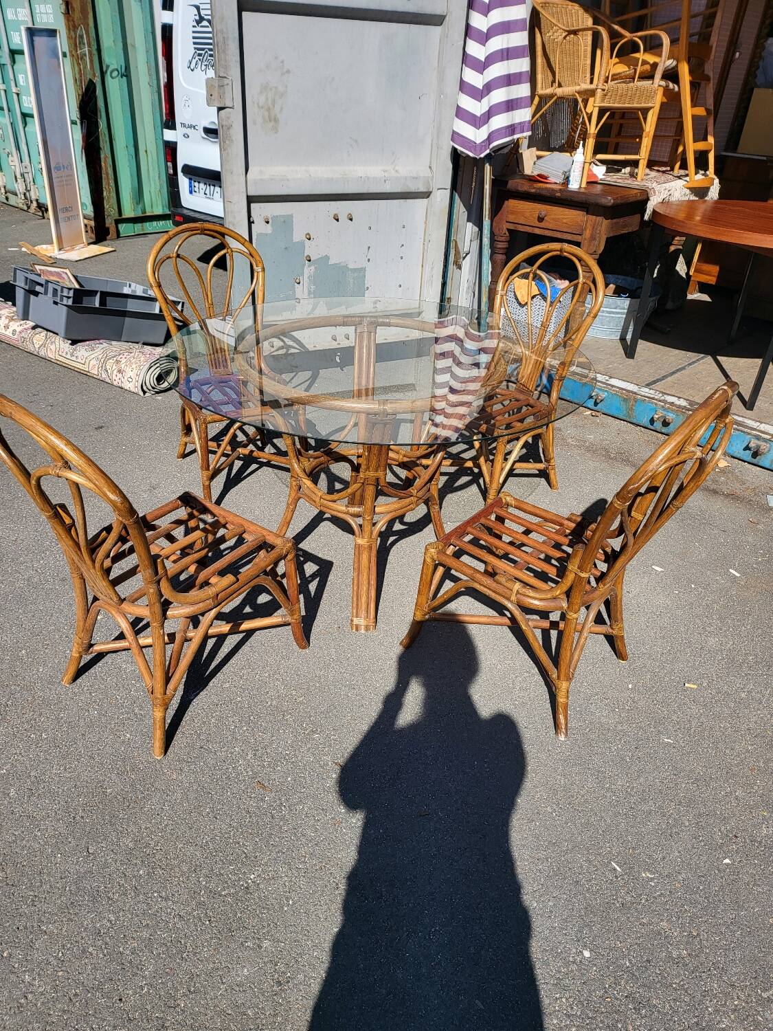 Vintage rattan and glass set - round table + 4 chairs