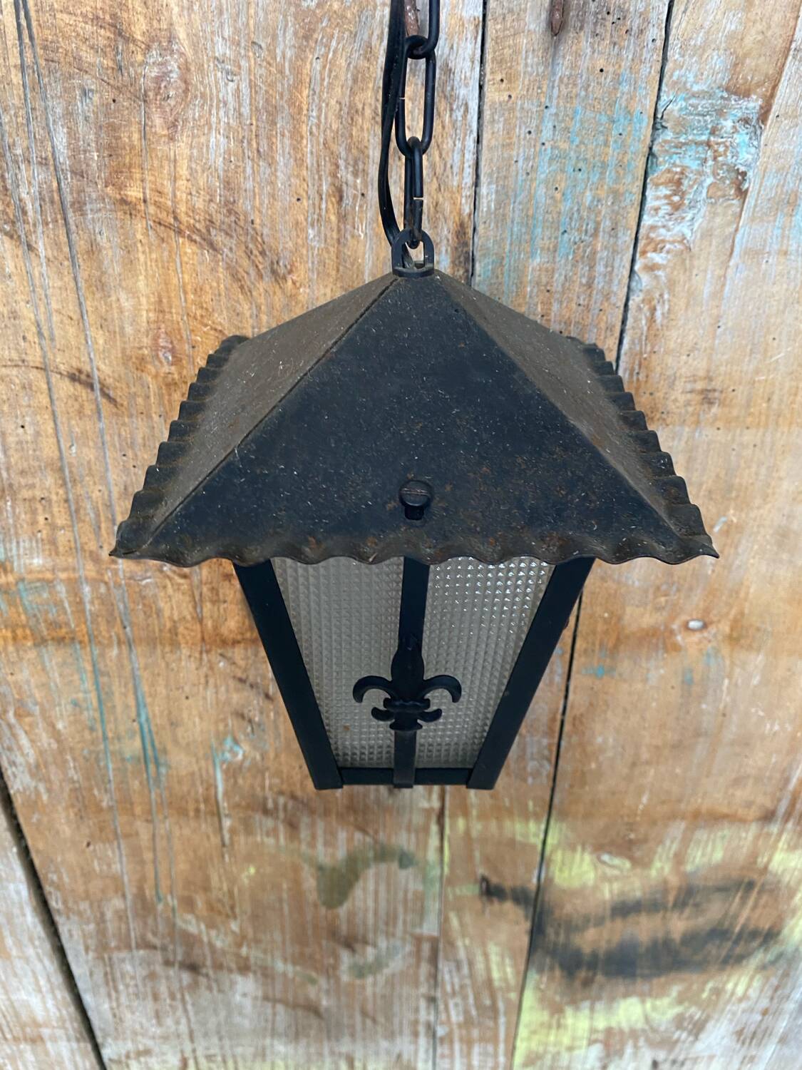 Antique black metal lantern pendant + glass fleur de lys decor vintage