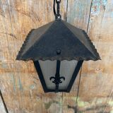 Antique black metal lantern pendant + glass fleur de lys decor vintage